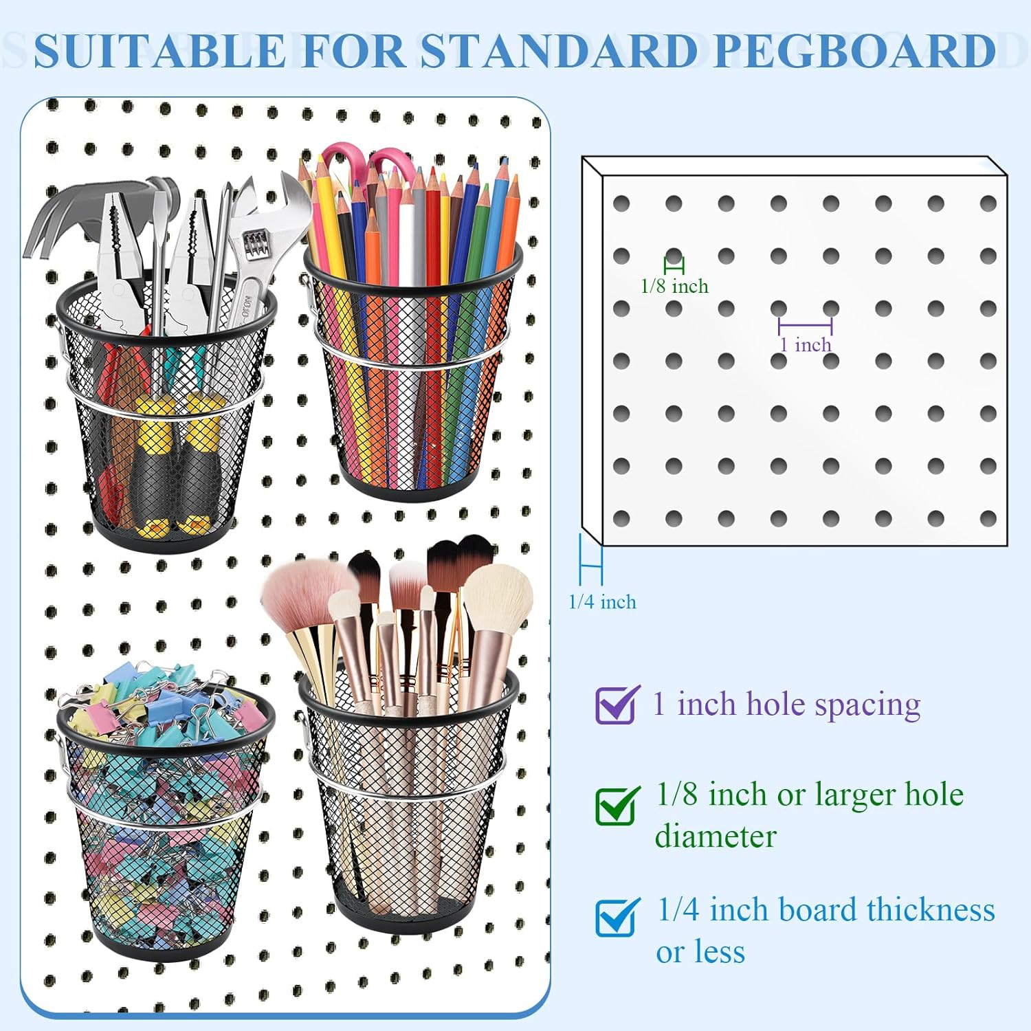 6 Sets Pegboard Cups with Ring, Metal Pegboard Bin with Hooks, Black Multipurpose Pegboard Organizer Accessories Pencil Holder Peg Boards for Desk Classroom Office Garage Workshop