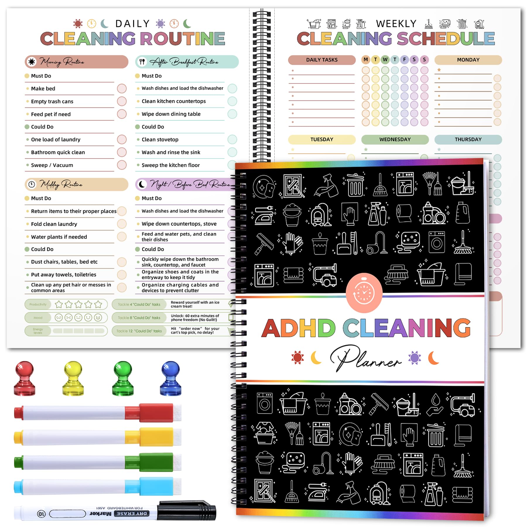Adhd Planer do czyszczenia - wielokrotnego użytku do czyszczenia i organizowania Adhd suchościeralny planer - Tidy Minds 2026 planer sprzątania dla dorosłych i kobiet - planer