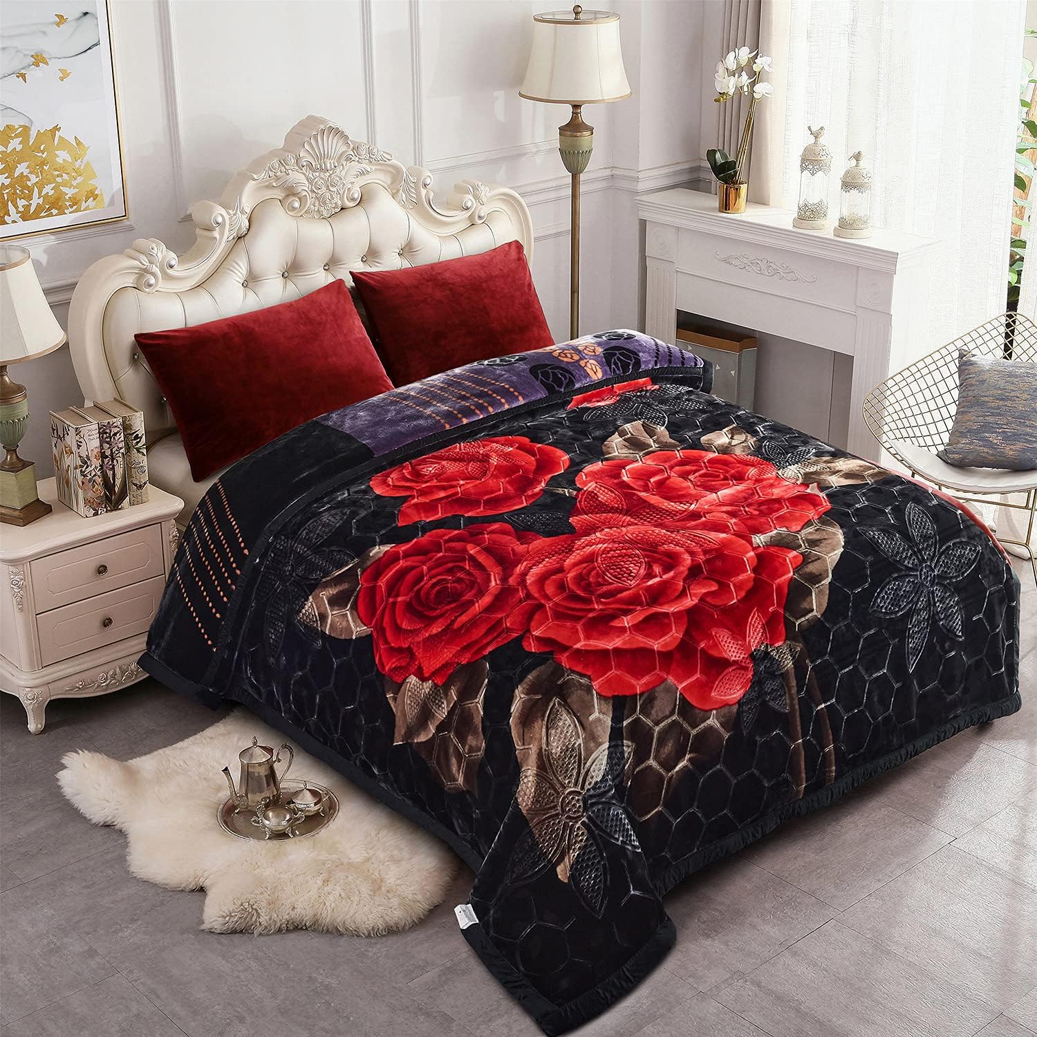 MERRY HOME Heavy Fleece Blanket King, Korean Floral Thick Blanket for Fall, Winter, 2 Ply, 10 Pounds, Cozy, Soft & Warm - Sliky Soft, A&B Printed (Red Black Floral, King(85"x 93"))