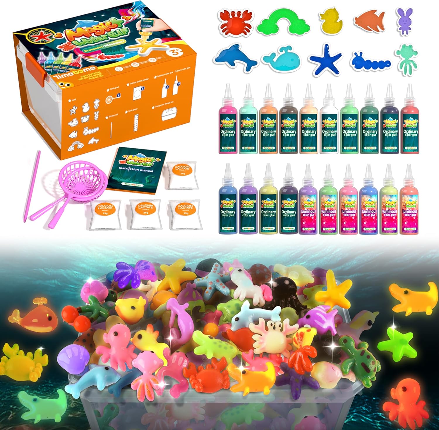 Timetome Magic Water Elf Toy Kit for Kids Ages 3-10, DIY Aqua Fairy Magic Water Art Kit – 20 Colors (14 Normal+6 Glow in Dark), 10 Molds, STEM Sensory Toys, Birthday Gifts for Boys Girls Party Favors