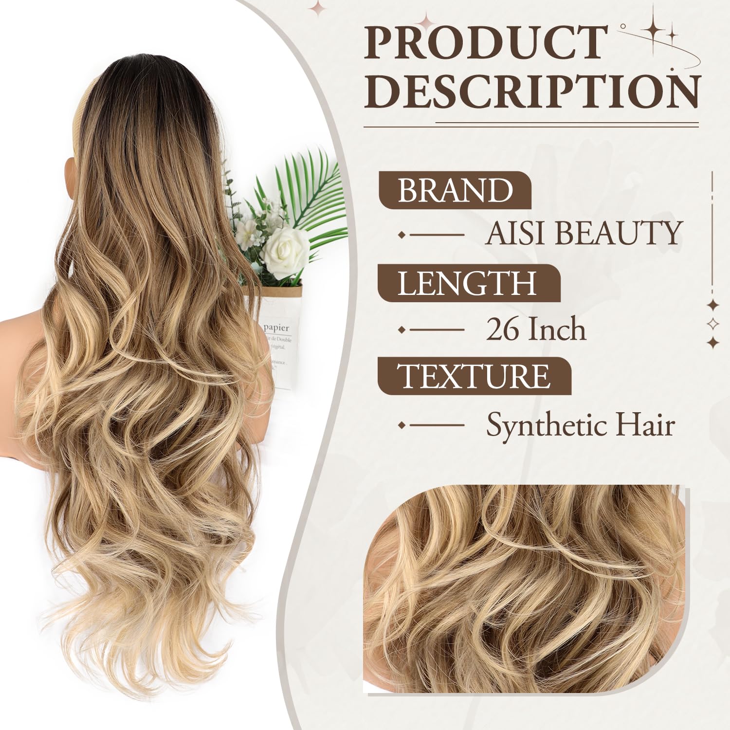 AISI BEAUTY Ponytail Extension 26 Inch Drawstring Ponytail Extension for Women Synthetic Long Wavy Layered Pony Tails Hair Extensions Clip in Hairpieces（RT4/12/613）