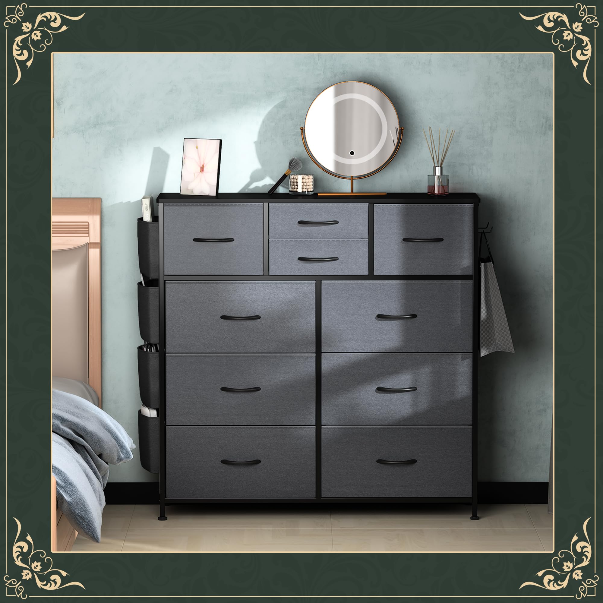 Kommode mit 10 Stoffschubladen, Komodenschrank mit Seitentaschen und Haken, Holzplatte und Metallrahmen, Stoffkommode für Schlafzimmer, Wohnzimmer, Flur, Kinderzimmer (Dunkelgrau)