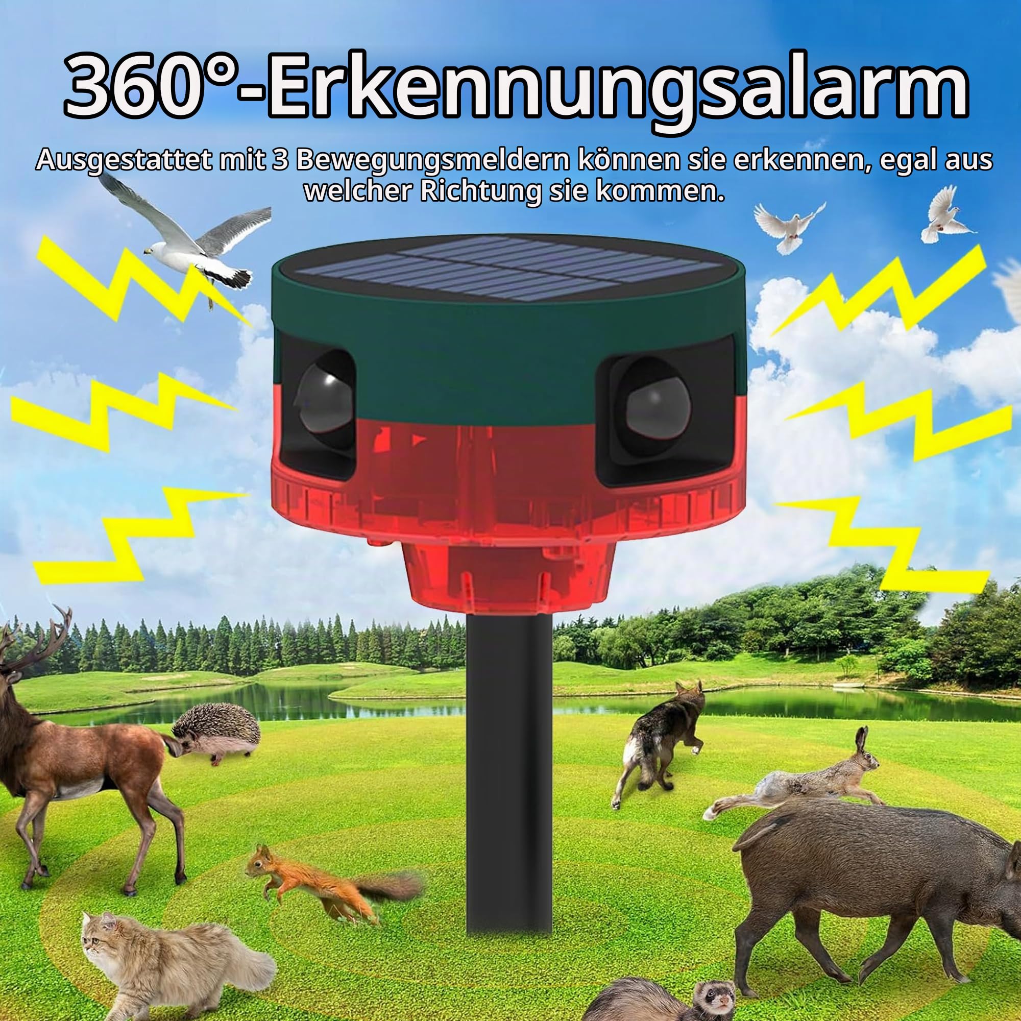 Solar-Bewegungsmelder-Alarm für draußen – Verbesserter 360°-Bewegungsmelder-Alarm, 129 dB Laute Sirene, 13 Arten von Geräuschen, Bewegungsmelder für bellende Hunde, unterstützt Aufnahme (2 Pack)