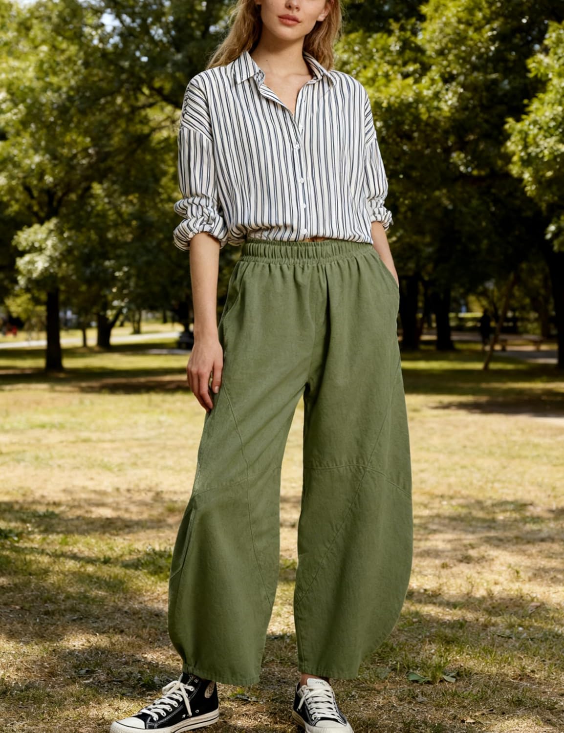 Tanming Womens Barrel Pants Mid Elastic Waisted Summer Capri Pants Loose Fit Casual Wide Leg Trousers - Image 7