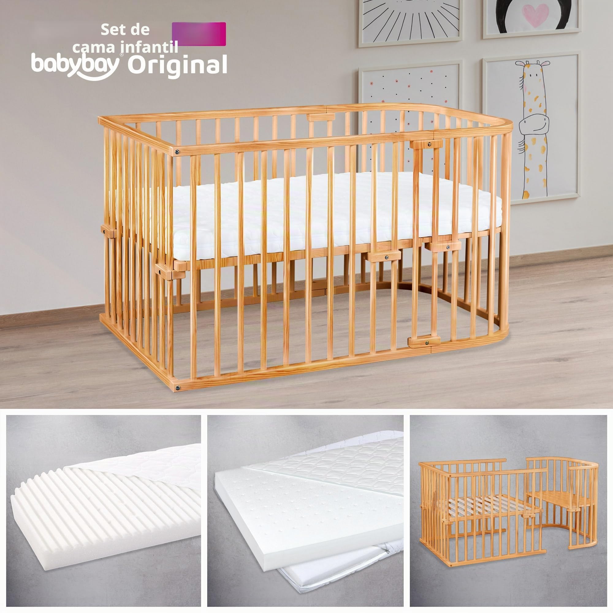 babybay Cuna Auxiliar Original de Madera de Haya Maciza/compacta y transformable/Altura Regulable sin Niveles/Cuna Creciente (lacada en Gris Pizarra)