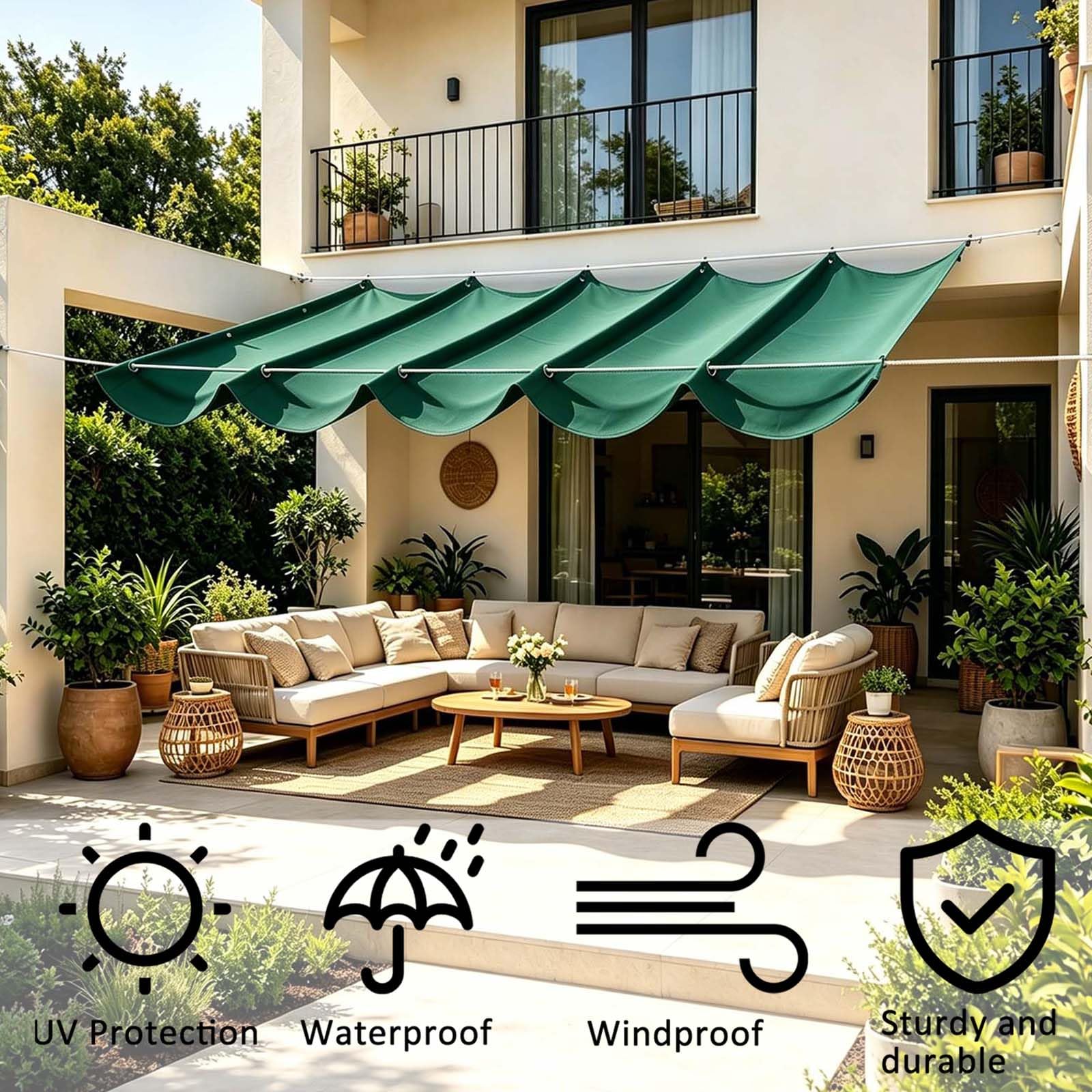 Tenda Parasole a Onda Retrattile 300 x 600 cm Protezione Dai Raggi Uv, con Occhielli e Corda di Fissaggio Tenda da Sole per Esterno Vela Parasole per Terrazze, Pergolato, Verde Scuro
