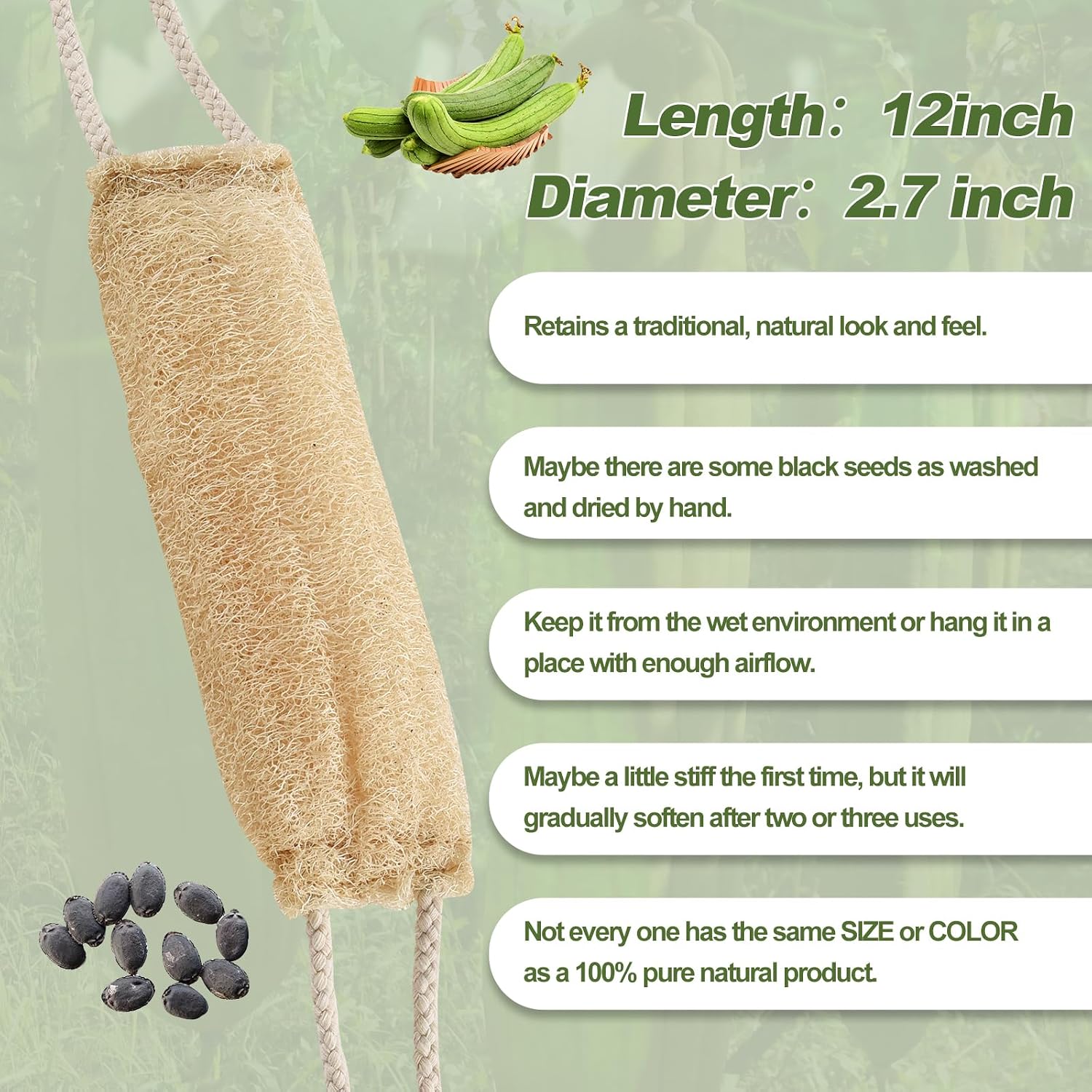 4 Pack Natural Loofah Back Scrubber, Exfoliating Body Scrubber, Whole Loofah with Handle, Back Washer for Shower, Bathing Sponge for Men & Women
