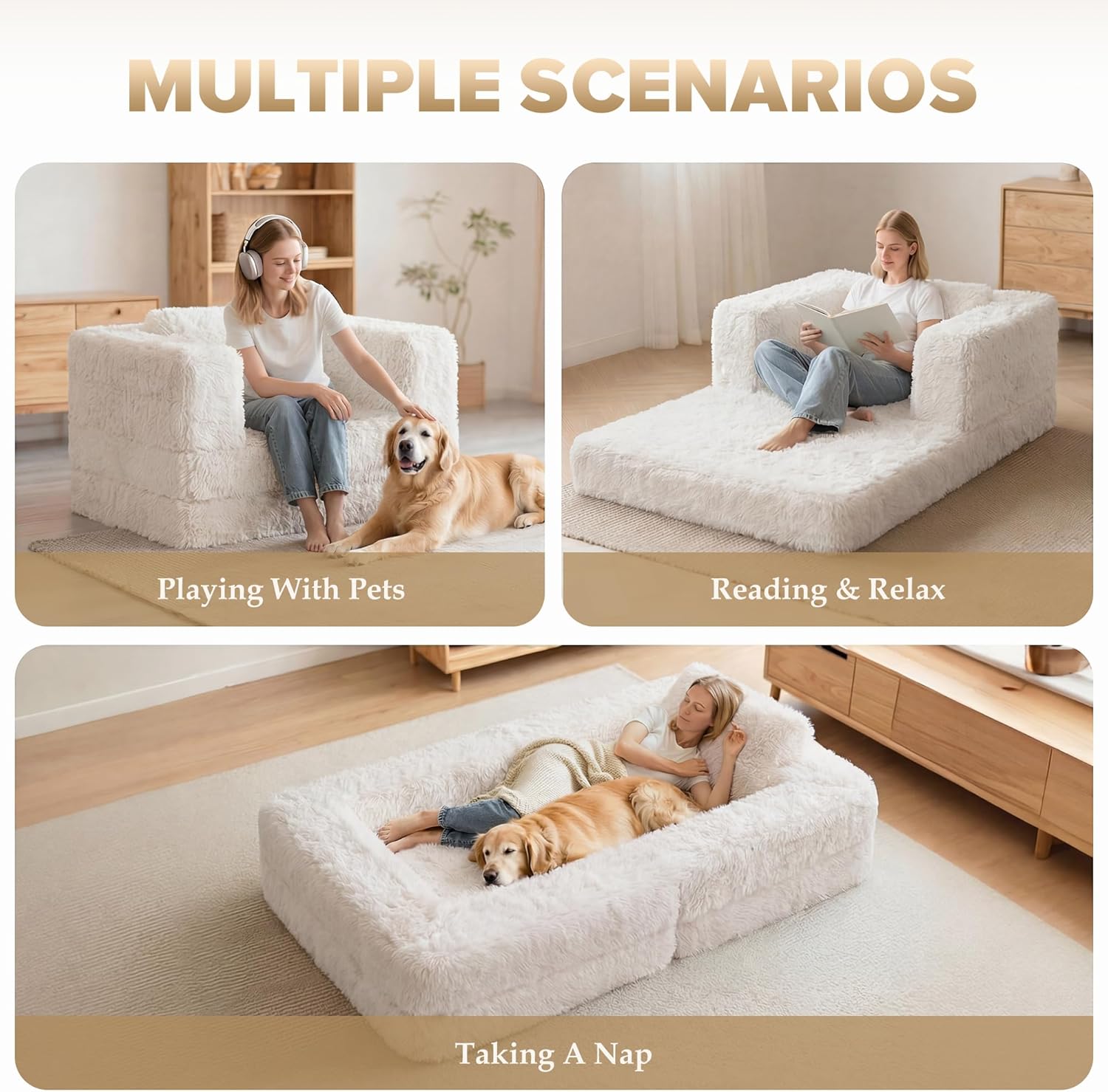 HABUTWAY Convertible Sofa Bed, 3-in-1 Futon Sofa Bed with Pillow, Foldable Pull Out Floor Sofa Bed with Removable Cover, Plush Boneless Couch for Living Room/Bedroom/Dorm