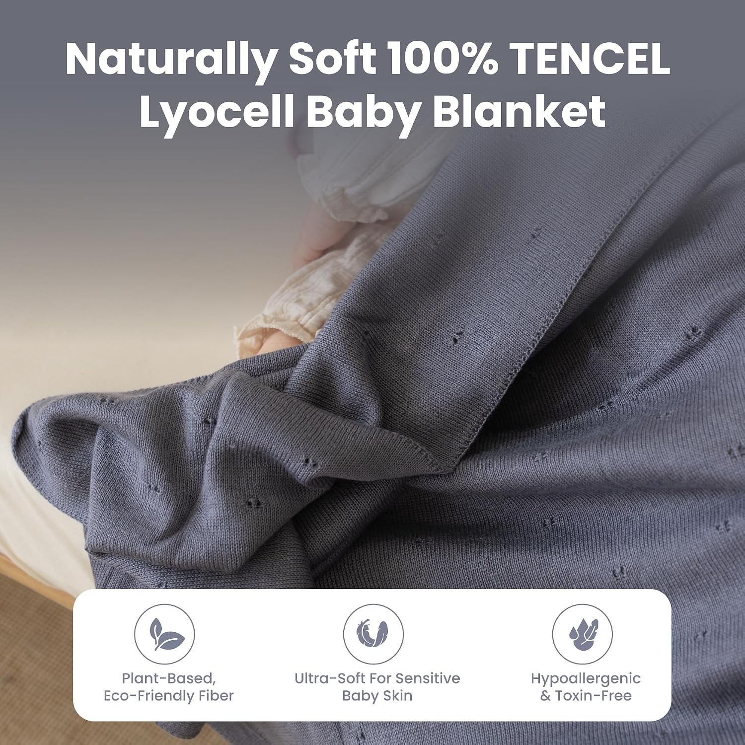 Pointelle Double Layer 100% Tencel Baby Blanket – Breathable Temperature Regulating – Oeko-TEX Certified – 30x40” – Gift Box with Ribbon (Grey Blue)