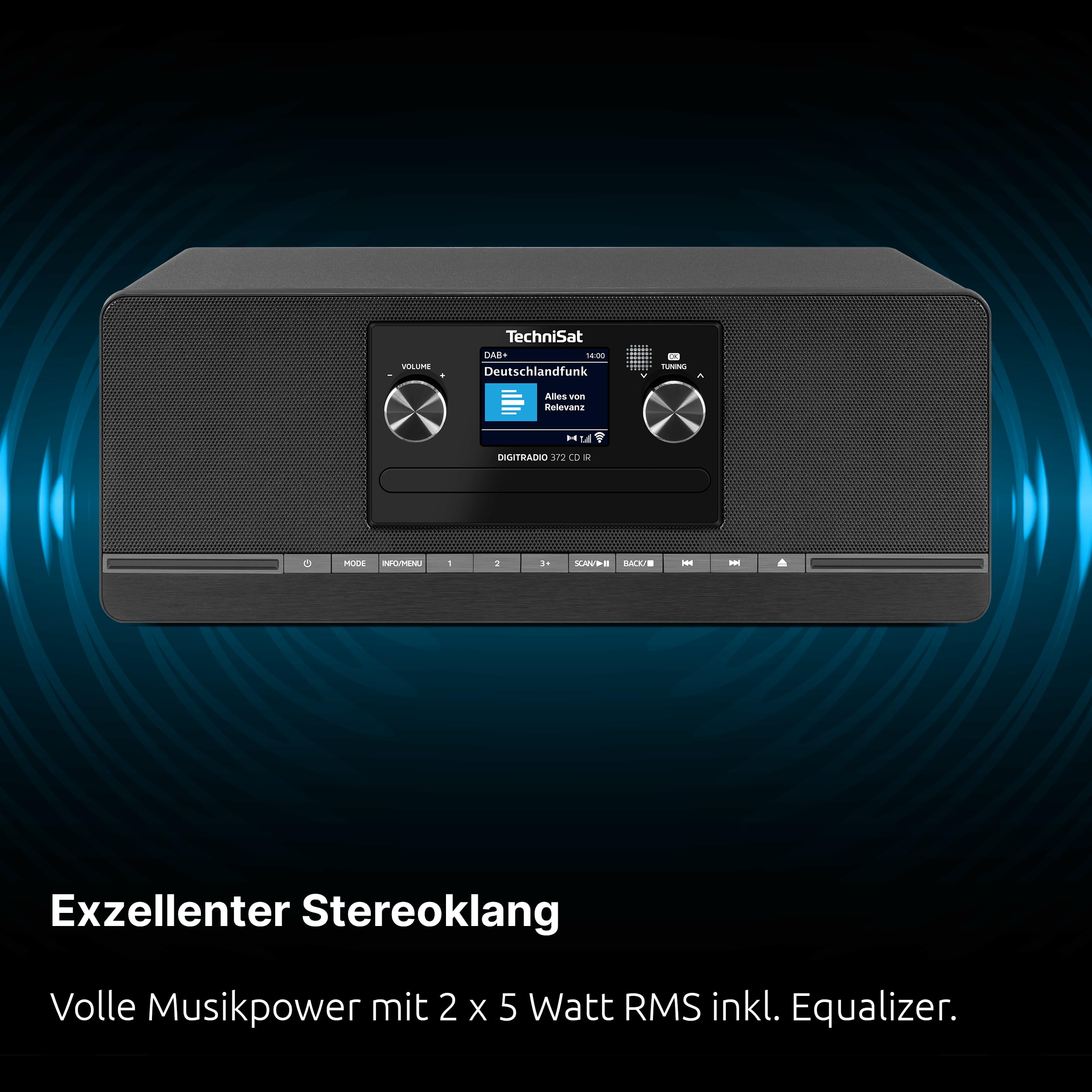 TechniSat DIGITRADIO 372 CD IR – Stereo Internetradio mit DAB+, UKW, CD-Player, WLAN, Bluetooth, Farbdisplay, USB, AUX, Kopfhöreranschluss, Wecker, 10 W, App-Steuerung und Fernbedienung - Schwarz