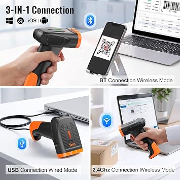 Tera Barcode Scanner Wireless Handheld: 1D 2D QR Li-Polymer 2200mAh, D5300 | 640*480 Global CMOS, BT 2.4G Wireless, USB Wired, Date/Time Prefix Suffix, Retail Warehouse Library School Office PC Phone