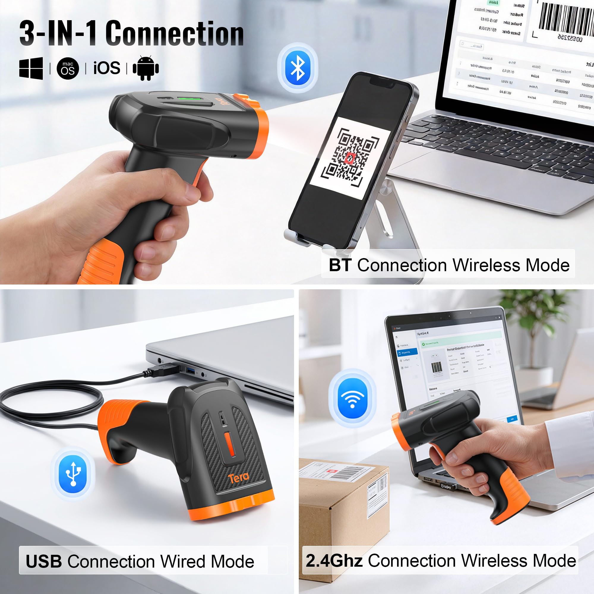 Tera Escáner de códigos de Barras 1D 2D QR con Bluetooth: batería de polímero de Litio 2200 mAh 2.4G inalámbrico y USB Cable escáner Manual CMOS Global Shutter para POS almacén Comercio Oficina D5300