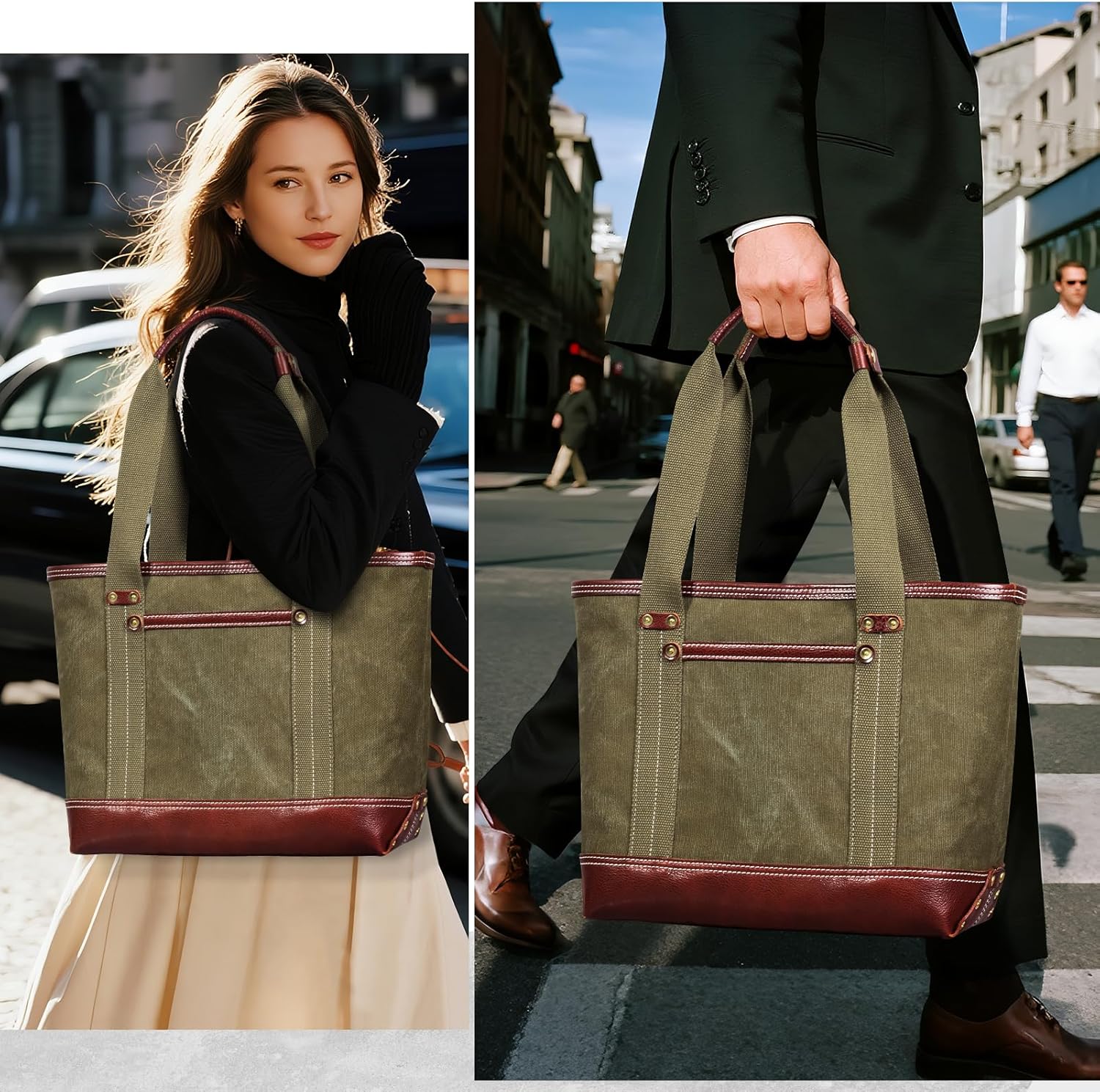 Tote Bag for Women, Canvas with Leather Handbag for Travel, Magnetic Closure,Inner Zipper Pocket