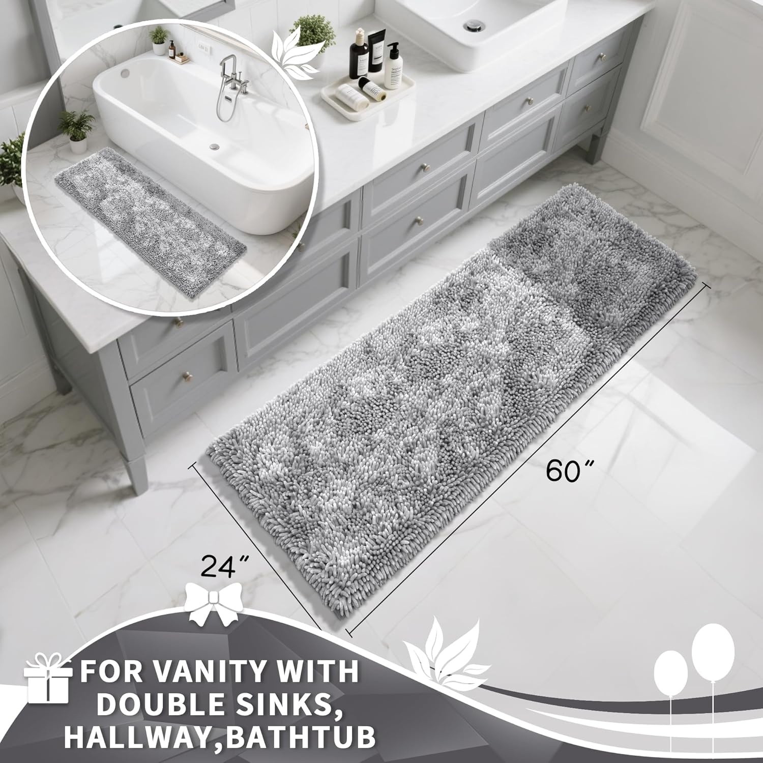 Yimobra Long Bathroom Rugs Runner 60x24 Inch, Extra Thick Soft Absorbent Chenille Bath Mat, Non Slip Machine Washable, Quick Dry Bath Rugs for Bathroom Floor, Tub and Shower, Light Grey - Image 4