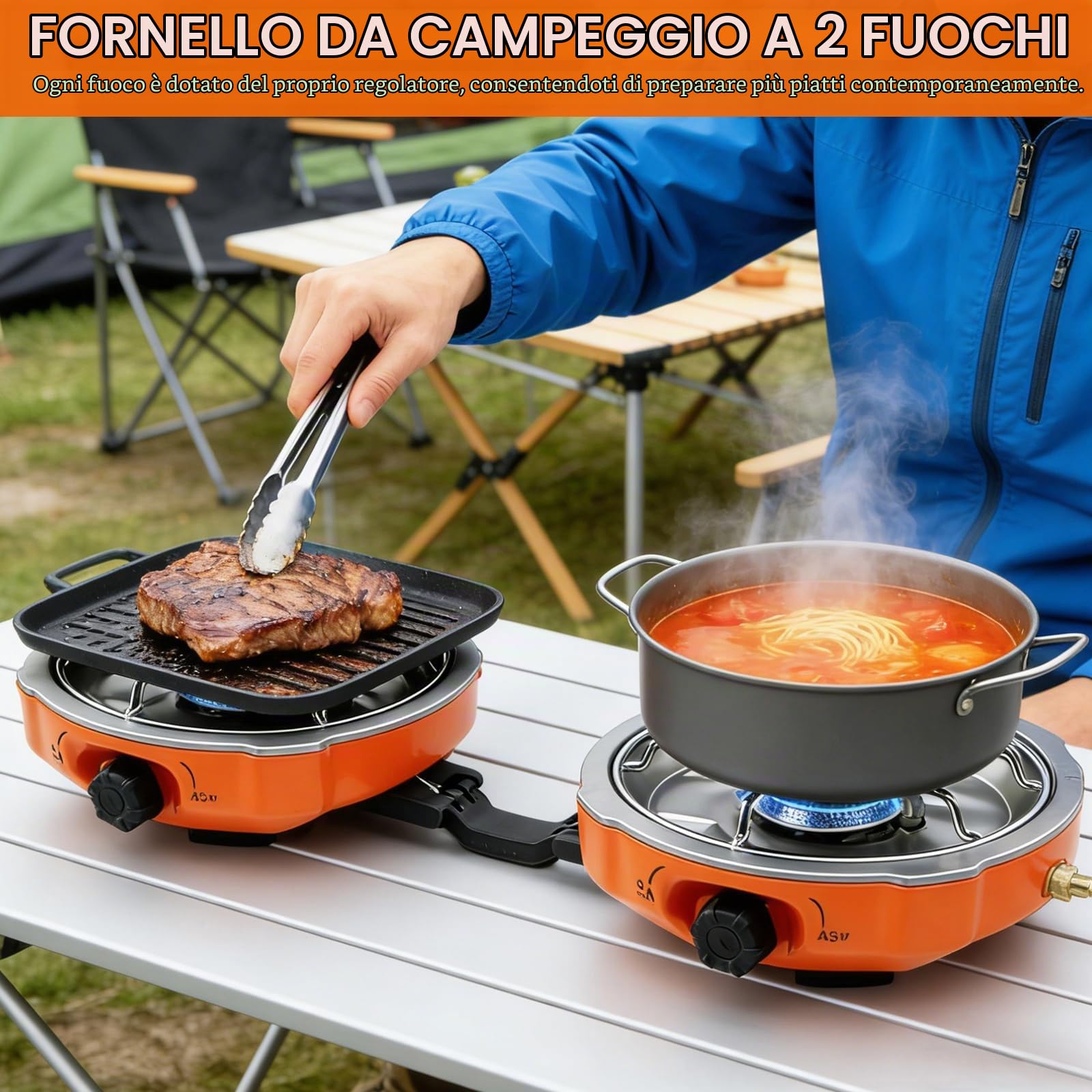 Fornello da Campeggio a 2 Fiamme, Collapsible Portatile Fornello da Gas a 2 Fuochi con Bruciatore Regolabile e Accensione Piezoelettrica per Campeggio, Escursionismo e Emergenze