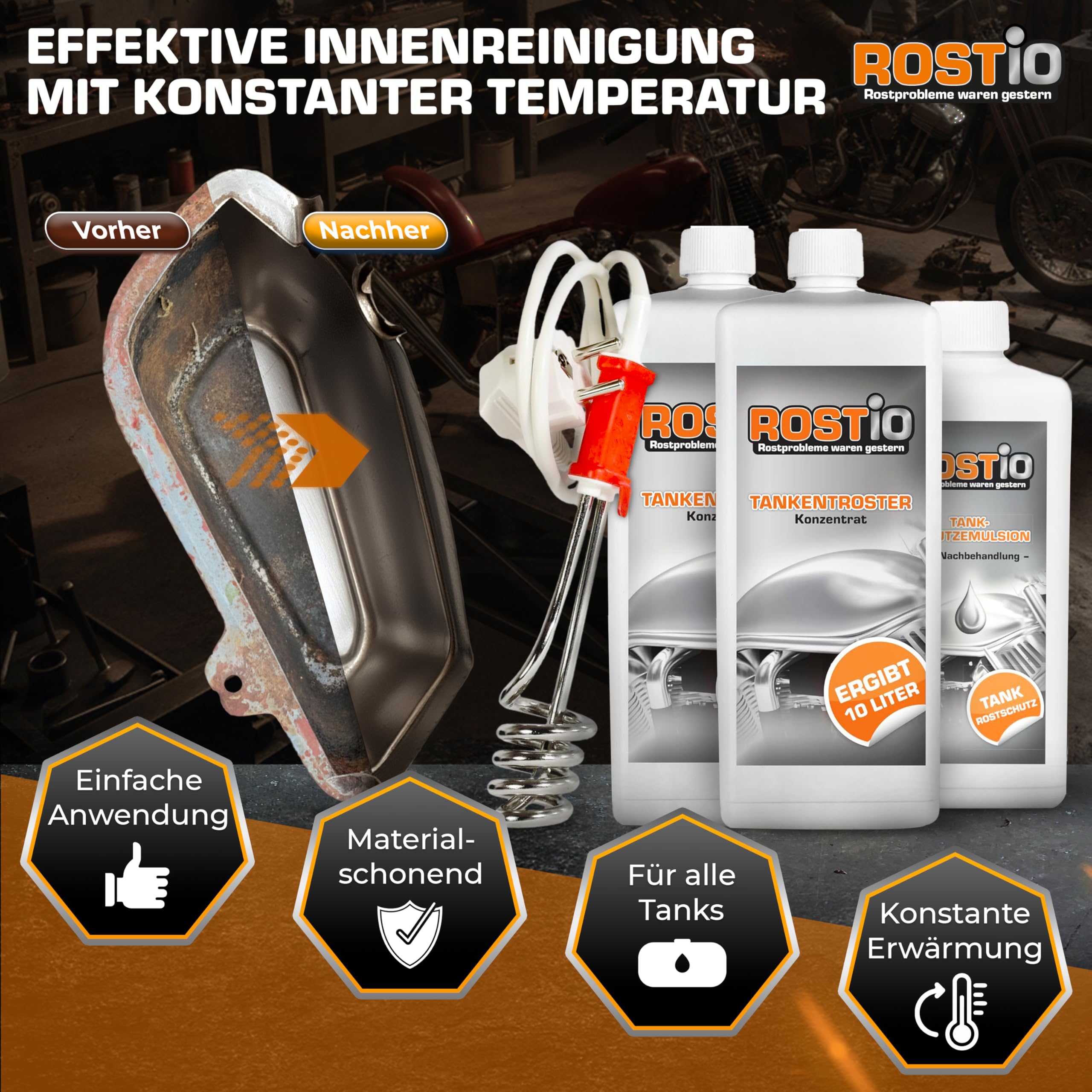 Rostio Tankentroster-Set 2L – inkl. Tank-Schutzemulsion 500 ml + Tauchsieder – hochergiebig (1:10) – für Tanks bis 20L – Rostentferner & Korrosionsschutz – Tanksanierungs-Set