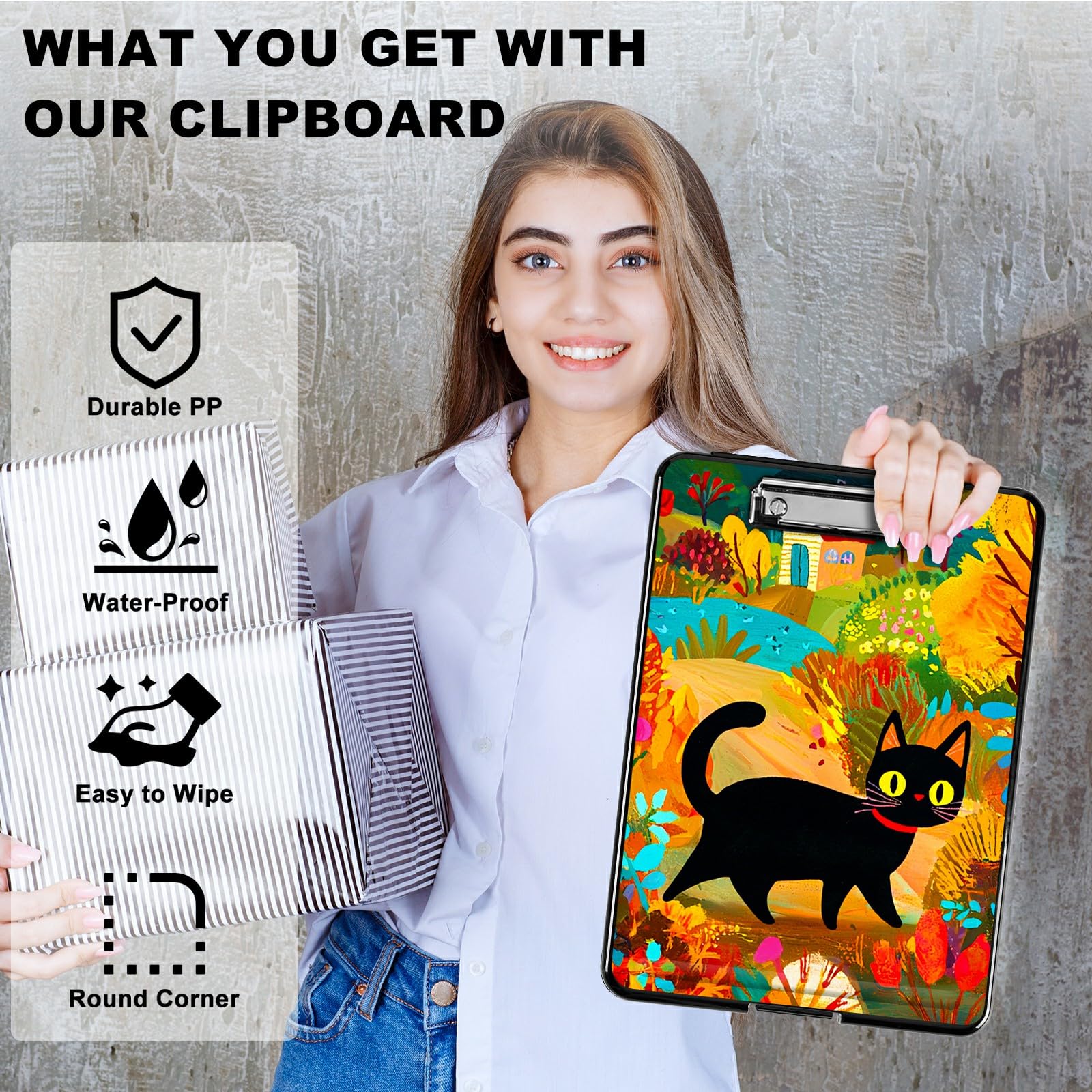 RWUTYTIUL Black Cat in Autumn A4 Clipboard with Storage Pen Holder, Clipboards Organizer Nursing Clipboard Foldable File Folder Plastic Clipboard Folio Clip Board for Office Students Classroom Doctor - Image 2