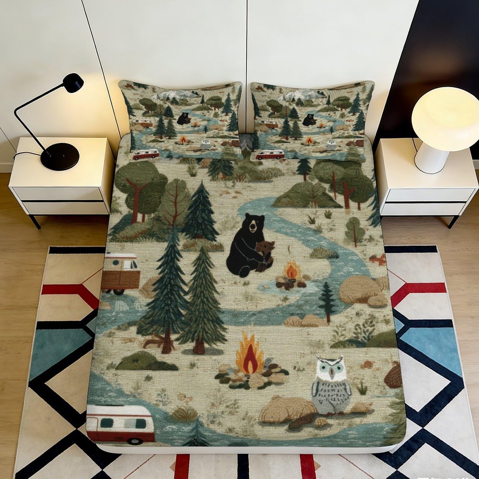 3D Printed Forest Bear Fitted Sheet Microfiber Soft Camping River Bed Cover for Bedroom Guest Room Dorm Decor 90x200x25cm