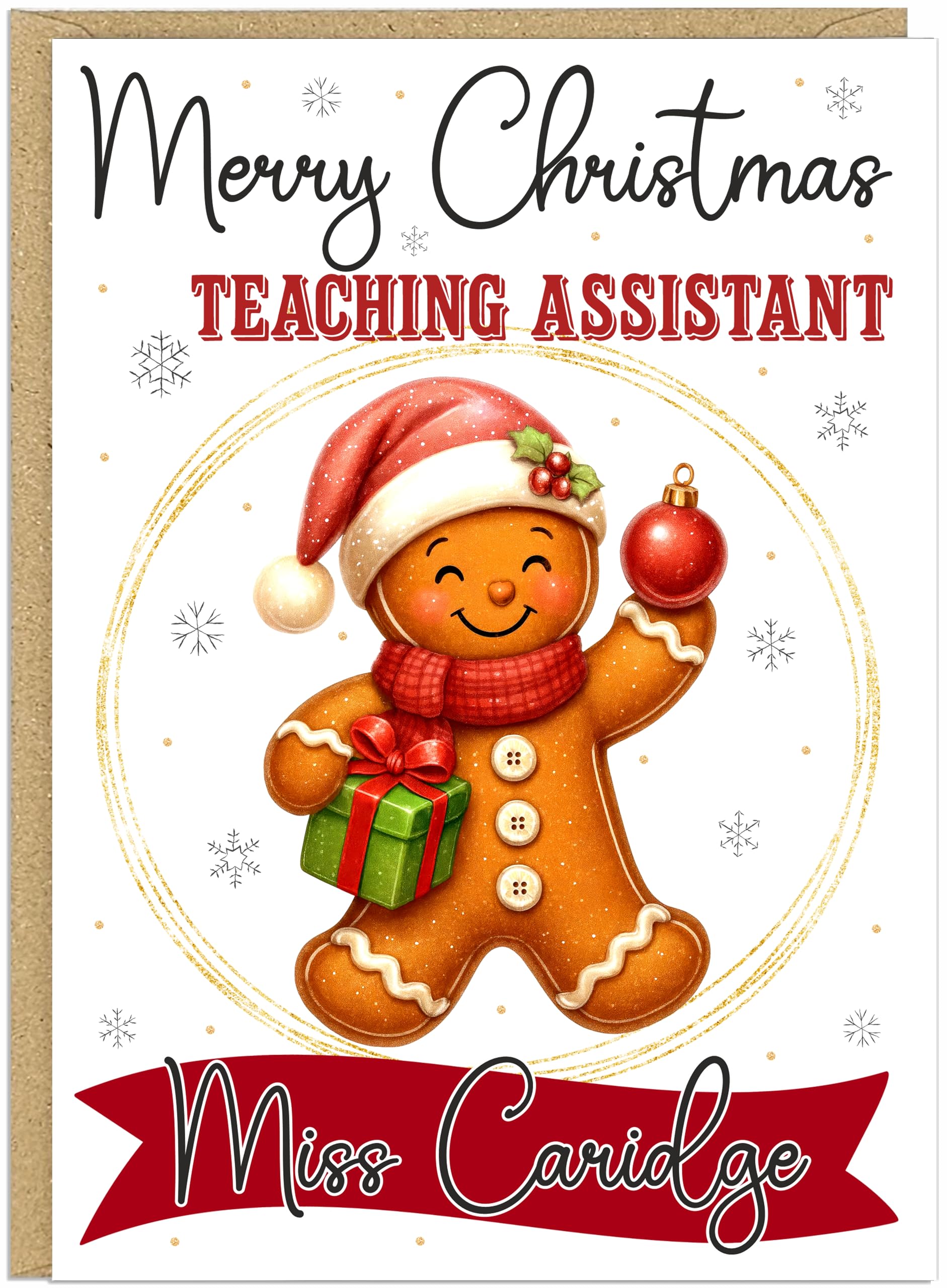 Personalised Gingerbread Christmas Cards for Teachers from Parents Students Colleagues - Own Name School Professions A5 Thank You Cards (Art Maths PE Science Music & More) (Teaching Assistant)
