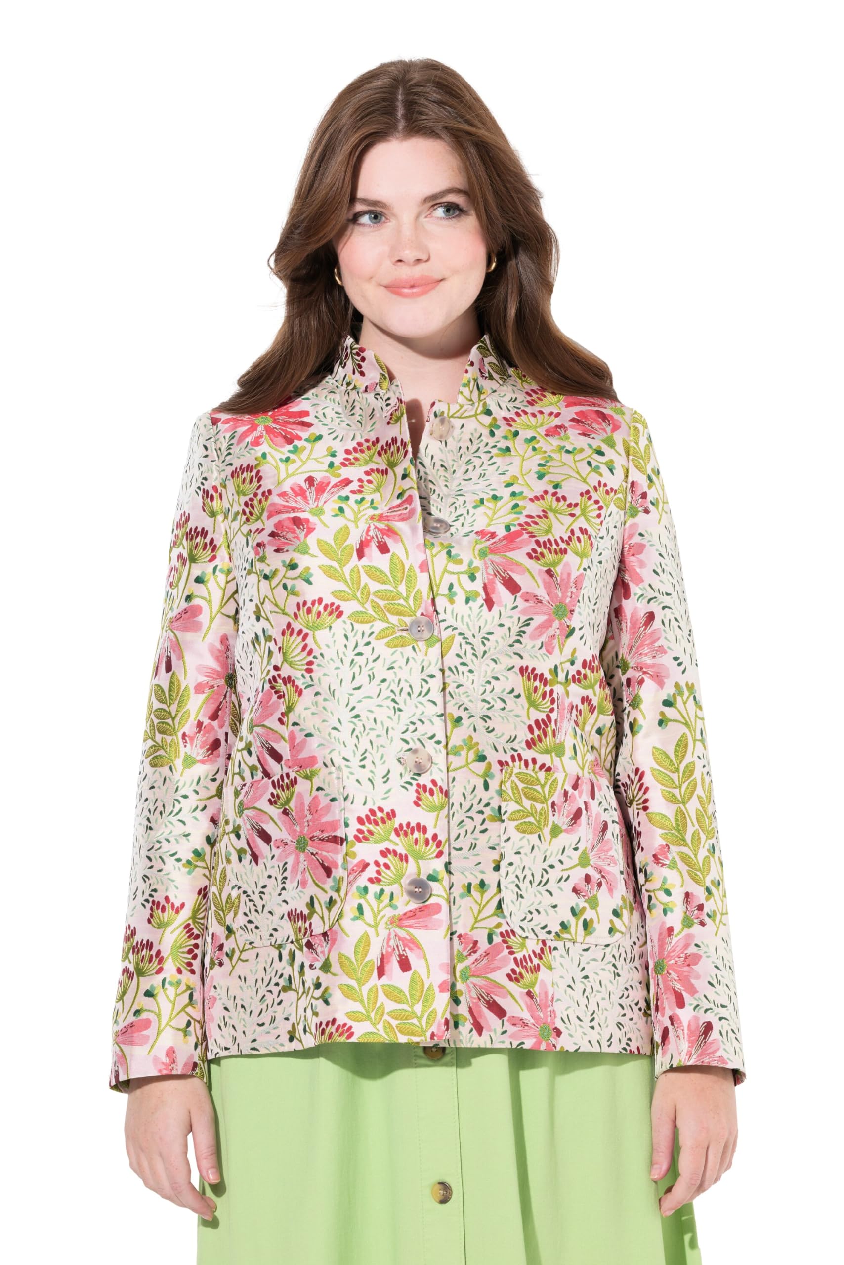Ulla Popken Damen große Größen Übergrößen Plus Size Jacquard-Jacke, Blüten, Stehkragen, Komplettfutter 835232