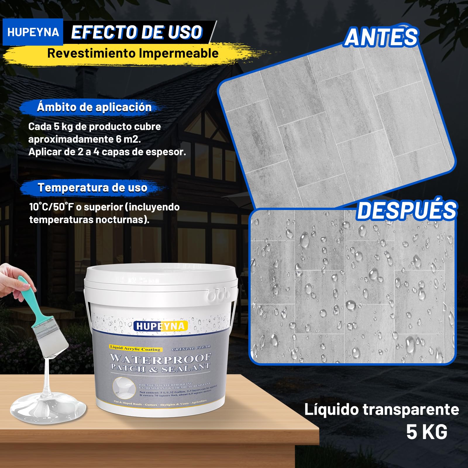 Hupeyna Impermeabilizante Transparente, Hidrofugante Invisible 5KG | Anti-Leakage Revestimiento Impermeable Base Agua para Interiores y Exteriores, Protección Total Hormigón Tejados Cocinas Baño