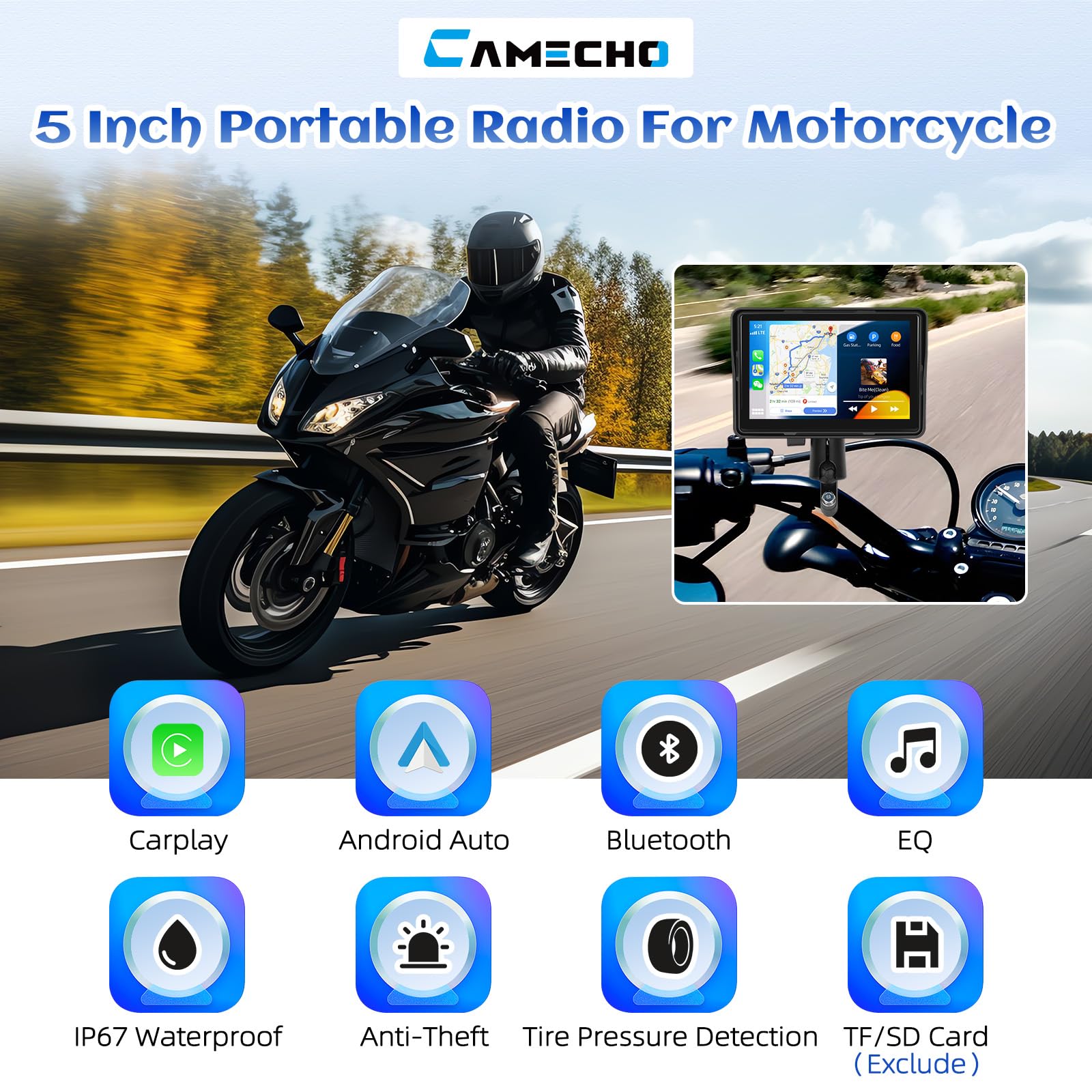 CAMECHO GPS CarPlay Navi Display Moto Senza Fili Android 5 Pollici Impermeabile Touchscreen Doppio Bluetooth EQ