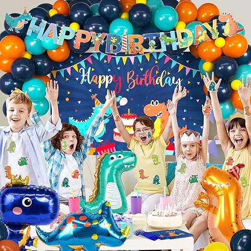 Miniatura 6 de HJINGY 265 piezas de decoraciones de fiesta de dinosaurio, suministros de fiesta de cumpleaños de dinosaurio azul para niños, incluyen globos de