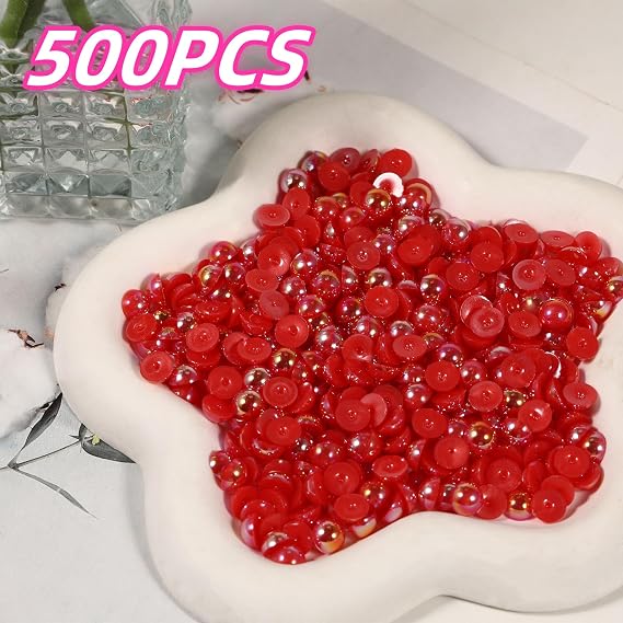 500Pcs Flatback Half Round Pearls for Crafting Nail Art,AB Color Pearl Beads for Women Girls DIY Face Makeup Jewelry Clothes Shoes Dress,Imitation Loose Pearl Beads Gems (Red, 8mm)