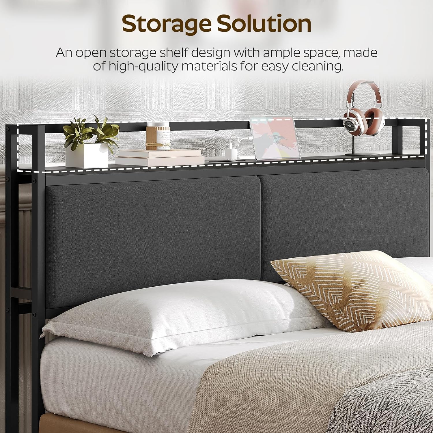 King Size Headboard Only and Queen Head Board Bundle, Upholstered King Headboard with Charging Station, Head Board with Open Storage, Height Adjustable, Vintage Style, Sturdy and Stable, Rustic Brown,