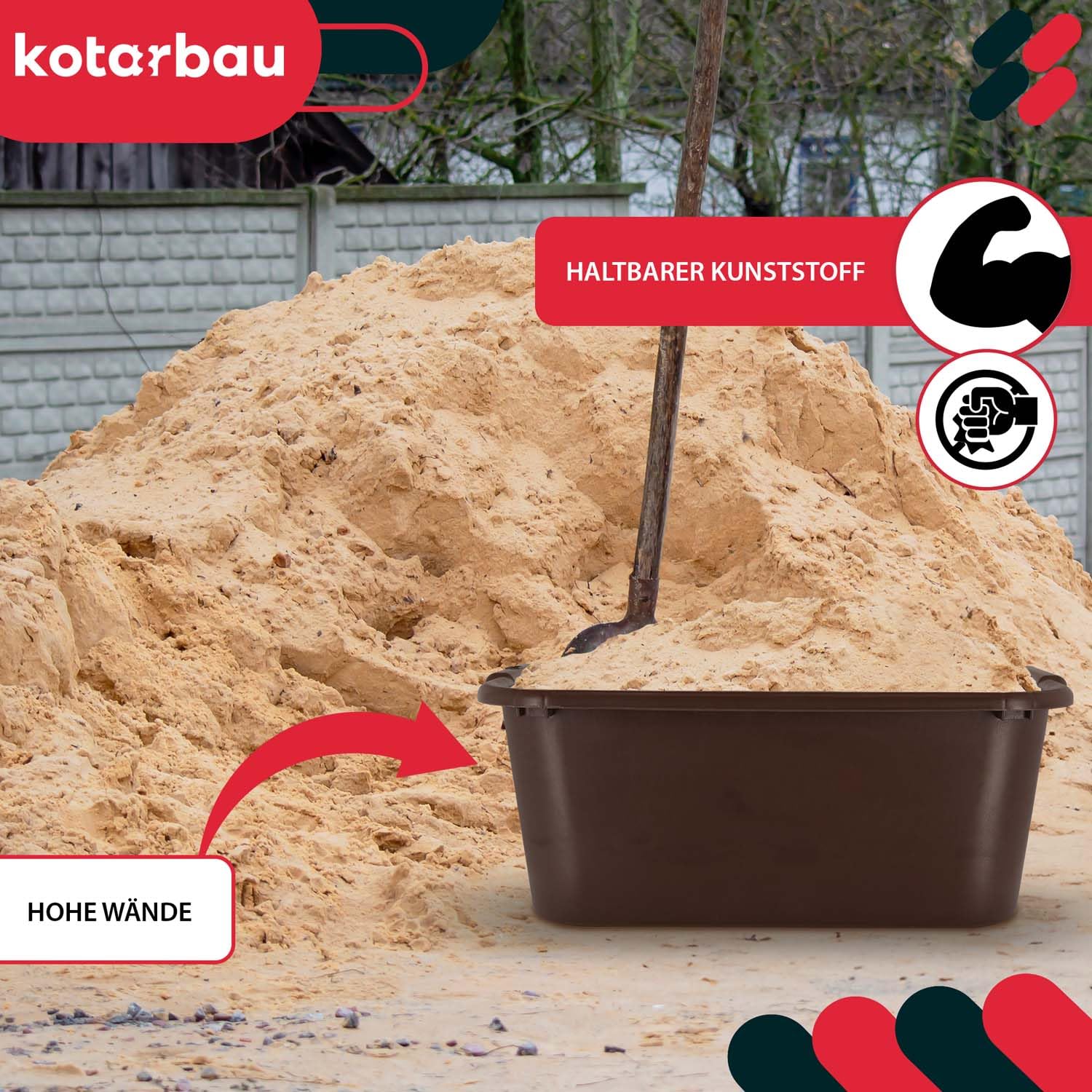 KOTARBAU® Bac à mortier carré 45 l en plastique marron Bac à mortier Bac à mortier Seau de construction Seau à mortier Bac à nourriture Cuve de maçon Bac à plantes