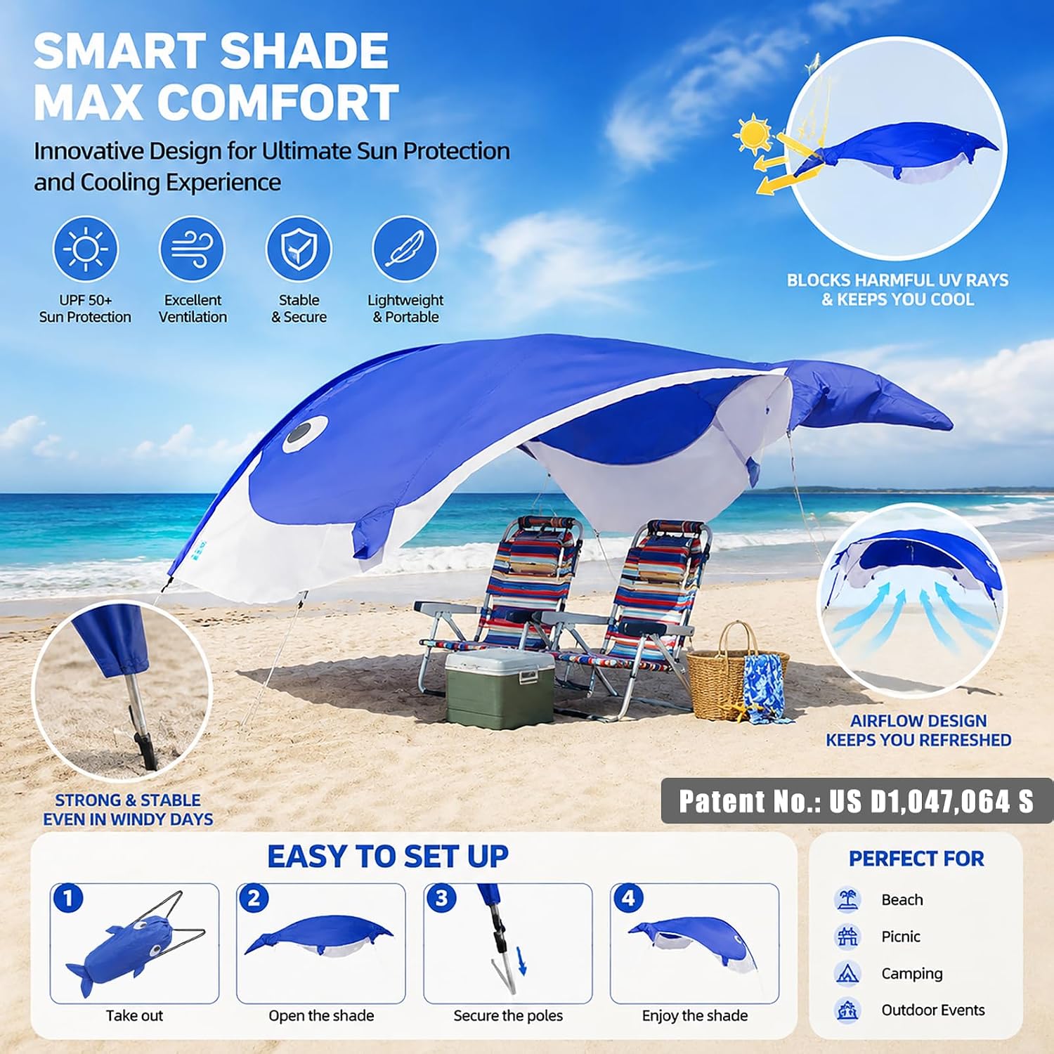 Whale-Shaped Beach Sun Shade Canopy - Fun & Unique UV Protection Tent for Families, Spacious Lightweight Design, Easy Setup with Reinforced Support Poles, Perfect for Beach, Park & Backyard thumbnail