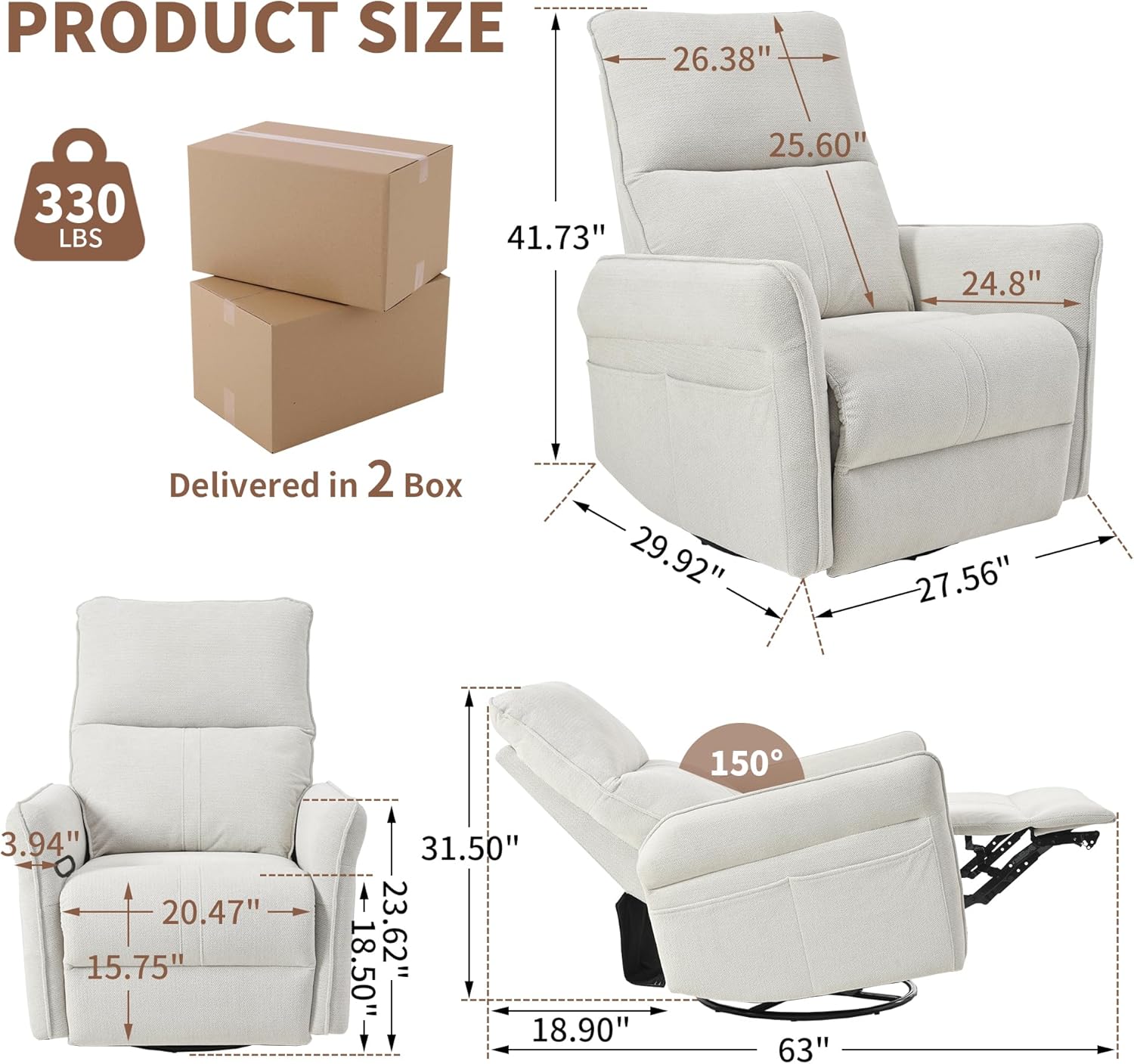 Ergonomic Swivel Glider Recliner Chair, White Fabric, 360° Rotation with 95-150° Recline, Nursery Rocking Chair for Living Room, Bedroom, 29.92x27.56x41.73 Inch