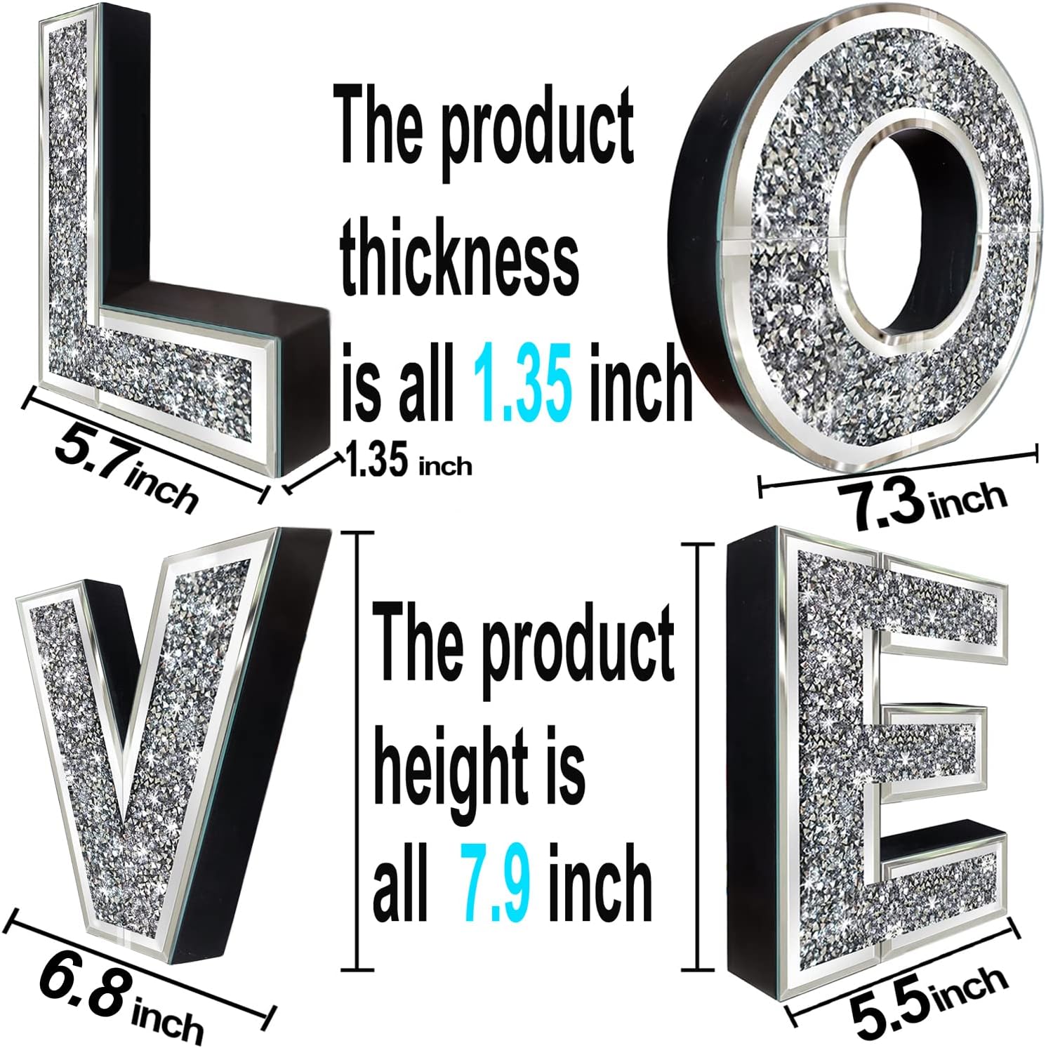 4 pcs Independent Letters Love.Glam Crystal Diamond Letters.Silver Mirror Glass Home Decoration for Wall, Fireplace, Bookshelf and Table.