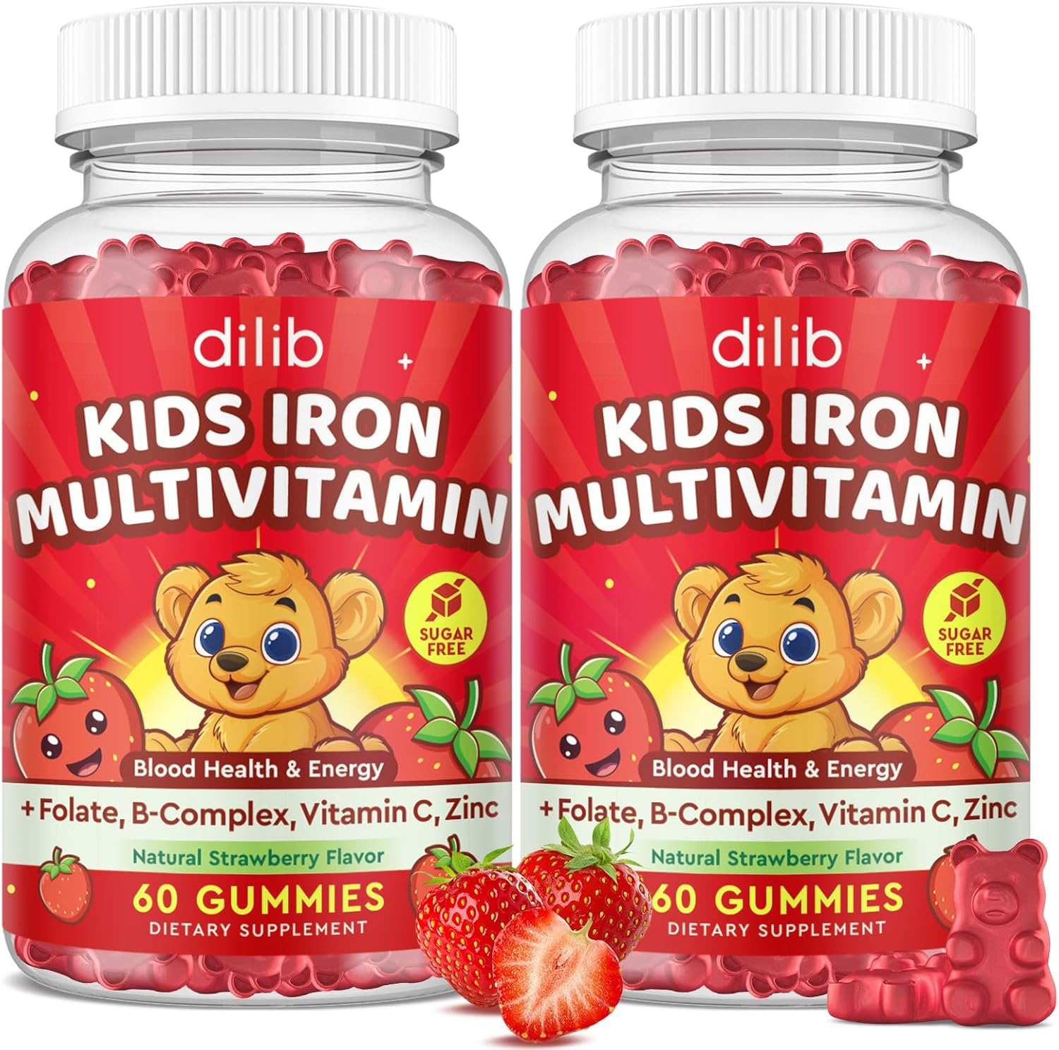 Iron Supplement Gummies for Kids, Kids Multivitamin with Iron Gummies - Zinc, Vitamin B Complex, A, C, D3, B12, Folate for Blood Builder & Energy Support, Iron Deficiency, Vegan Strawberry 120ct