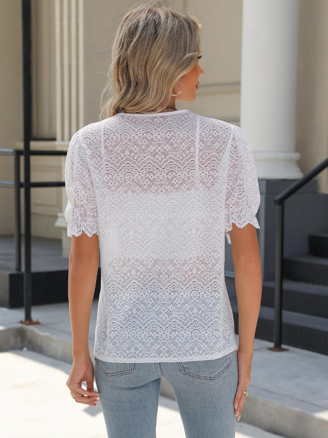 Women Lace Tops Summer V Neck Dressy Casual Button Down Blouses Ruffle Short Sleeve Business Work Shirts - Image 5