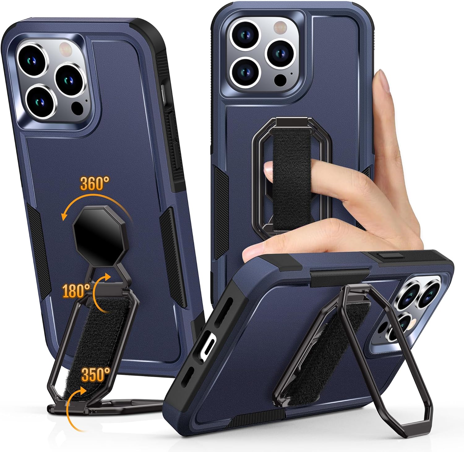 Shields Up for iPhone 15 Pro Max Case with Stand (Two-Way Stand & Finger Strap), 15 Pro Max Phone Case Phone Grip Case with Double Ring Holder, Heavy Duty Shockproof Cover, Blue