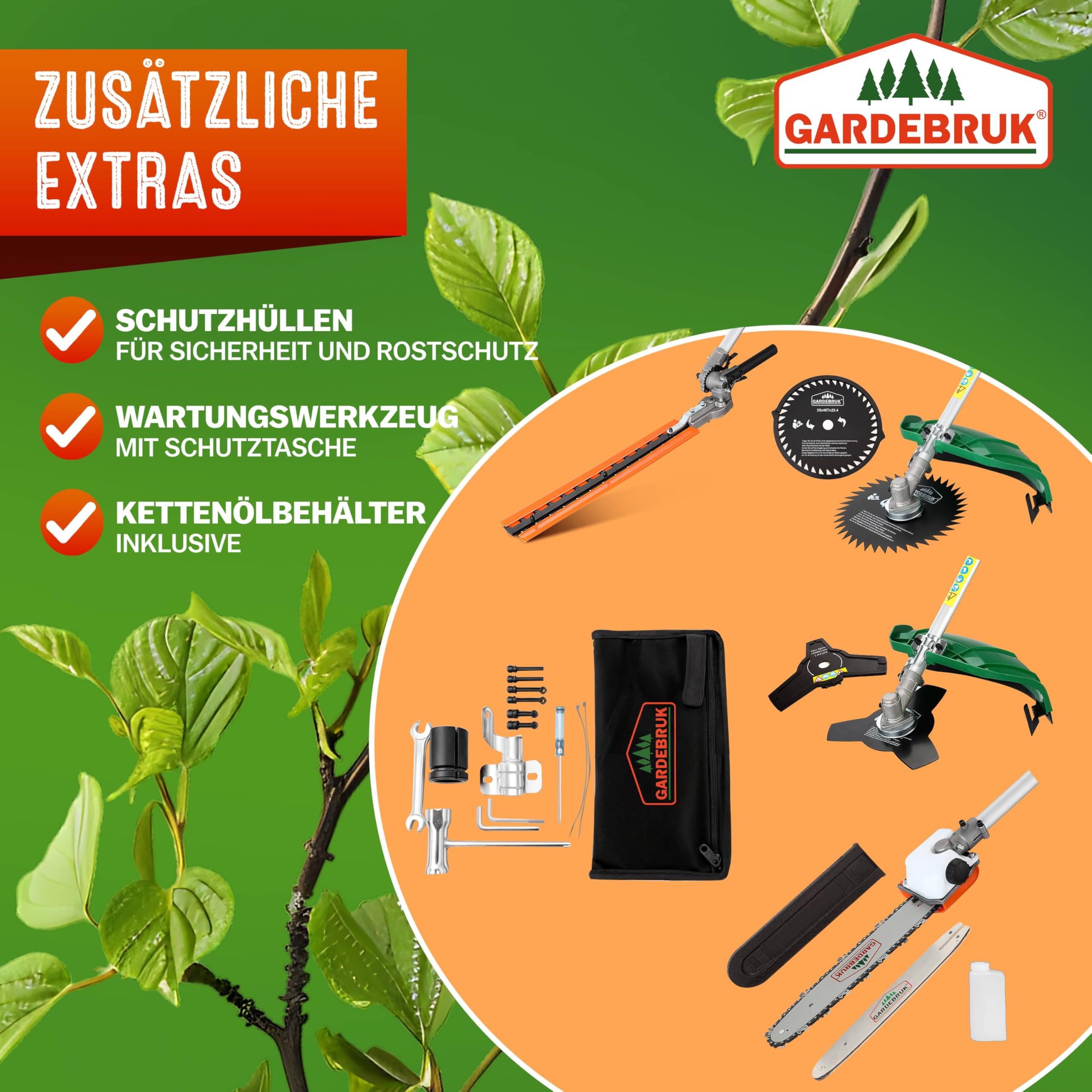 GARDEBRUK® Benzin Motorsense Freischneider 5 in 1 Heckenschere Rasentrimmer Hochentaster 2 PS Tragegurt verstellbar 1m Verlängerung