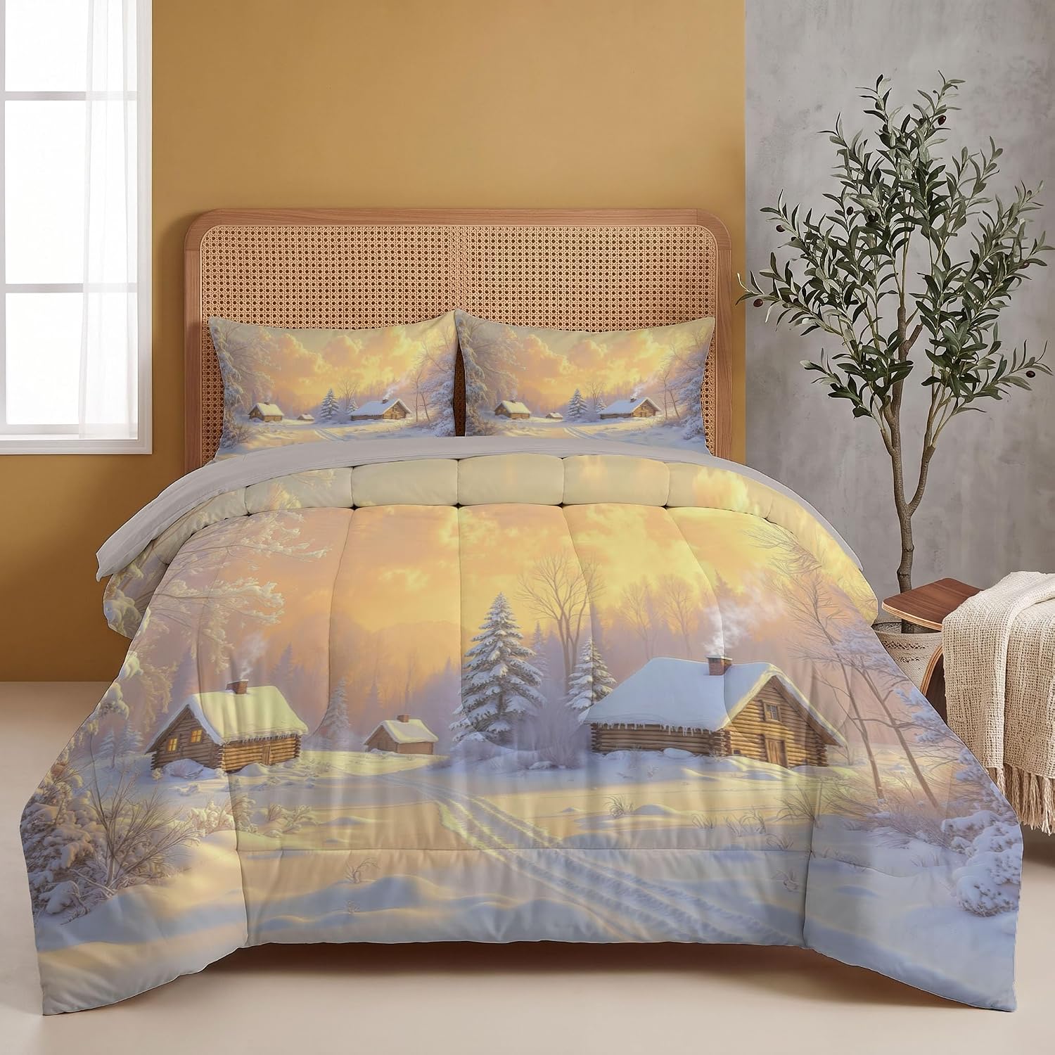 Winter Countryside Comforter Set King Size, Snow Forest Wooden House Bedding Set for Girls Boys, Golden Yellow Quilt Bed 104"X90" Bedding Comforter Sets with 2 Pillowcase Room Decor