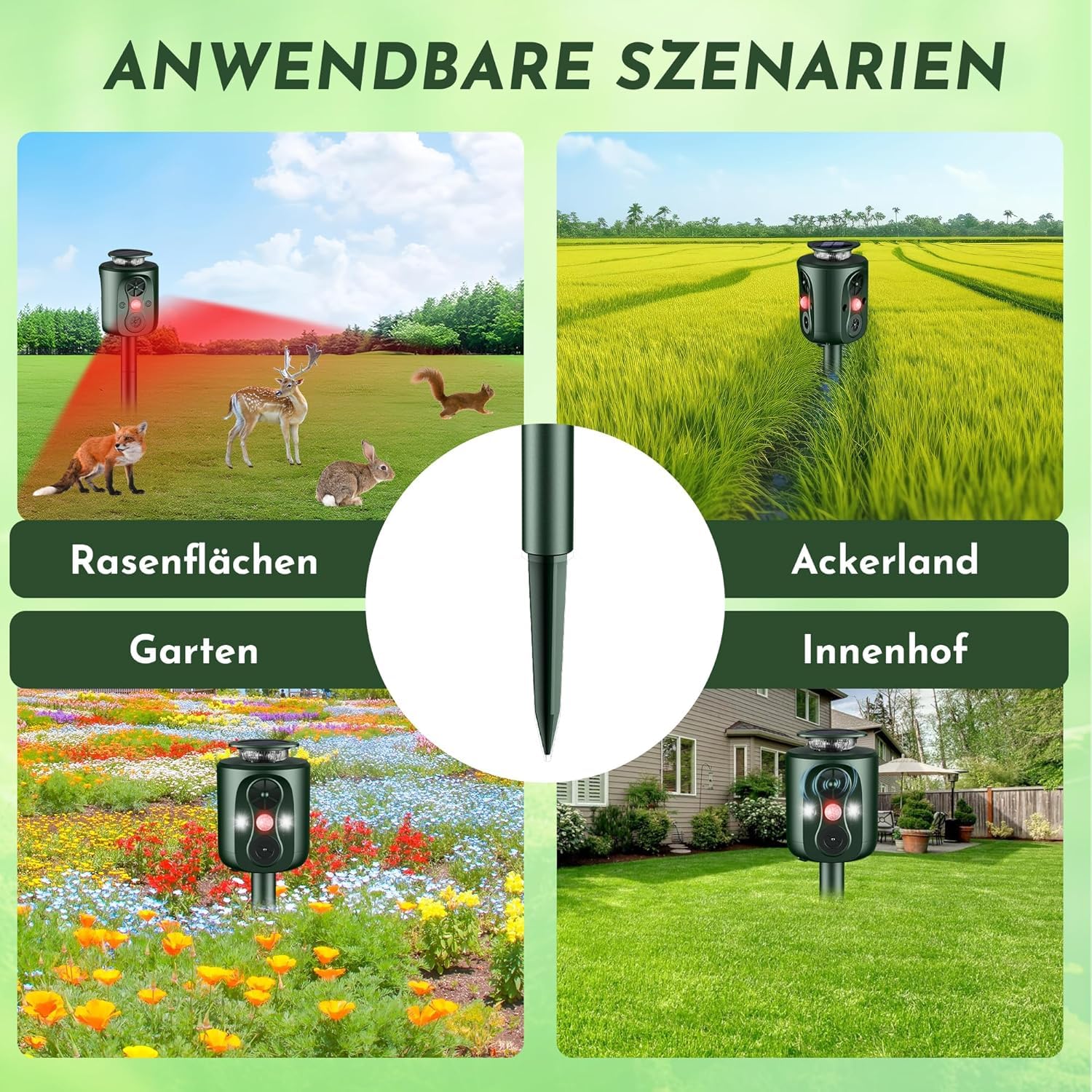 Katzenschreck Ultraschall Solar Tiervertreiber, 360° Marderschreck mit LED-Licht Katzenabwehr Marderabwehr Garten IP66 Wasserdicht 5 Modus Waschbär Abwehr für Katzen Hunde Marder Mäuse Vögel