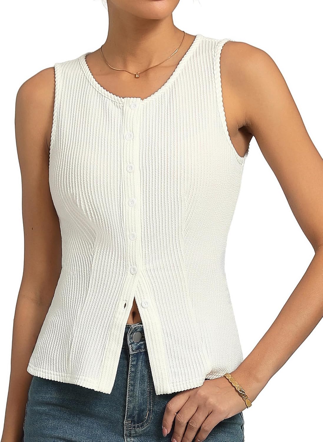 Kate Kasin Women Summer Going Out Tank Tops Y2K, Button Up Sleeveless Top, Ribbed Knit Sweater Vest Trendy