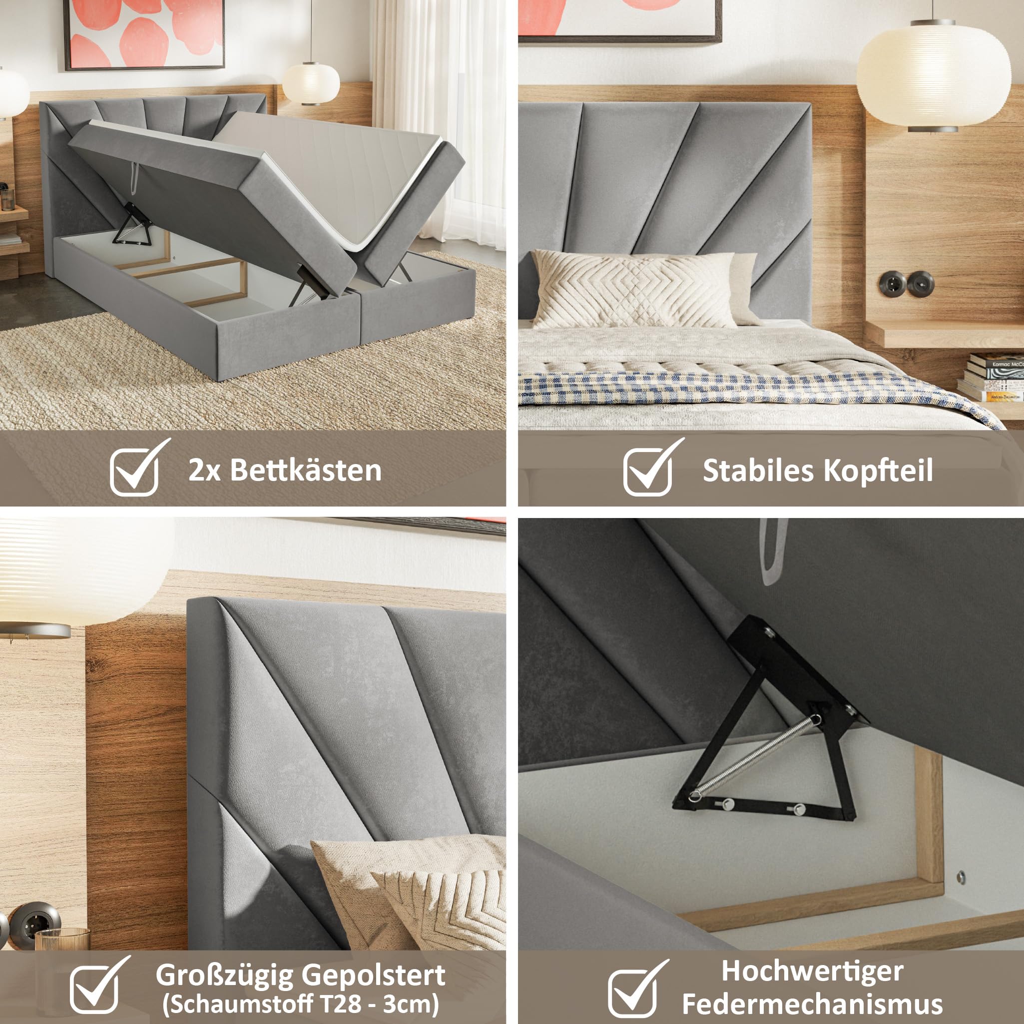 MOTIVENA Aspen Boxspringbett 160x200 mit Bettkasten und Topper, Polsterbett 160x200 mit Bettkasten, Taschenfederkern-Matratze (H3), Visco Memory-Foam Topper (H2), Samt, Beige (Creme)