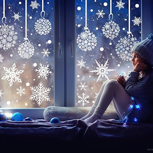 AnyDesign 9 hojas de calcomanías navideñas para ventana, diseño de copo de nieve, calcomanías de doble cara para decoración de ventanas de Navidad,