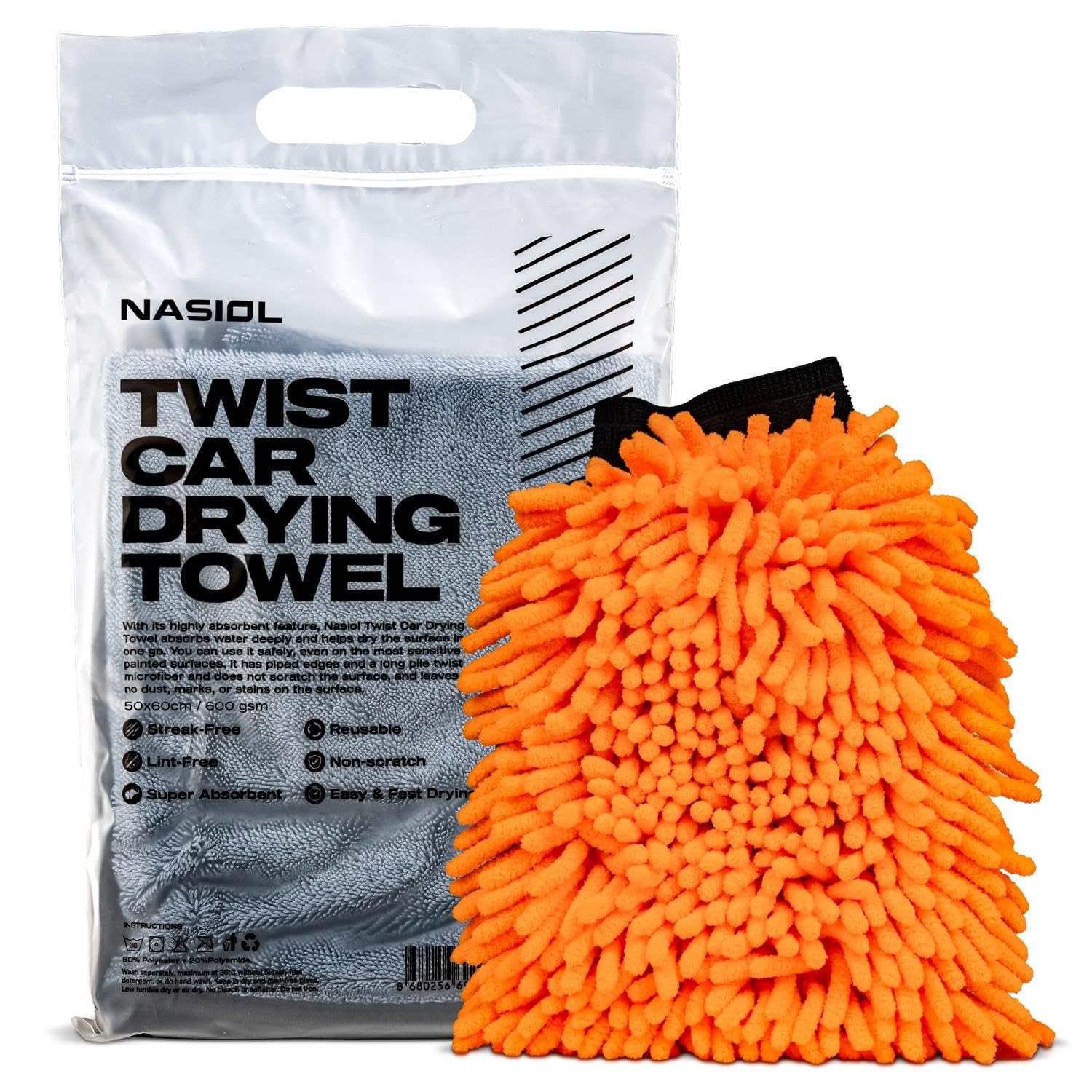 Nasiol Twist Drying Towel for Car 60 * 90cm and Car Wash Mitts Set