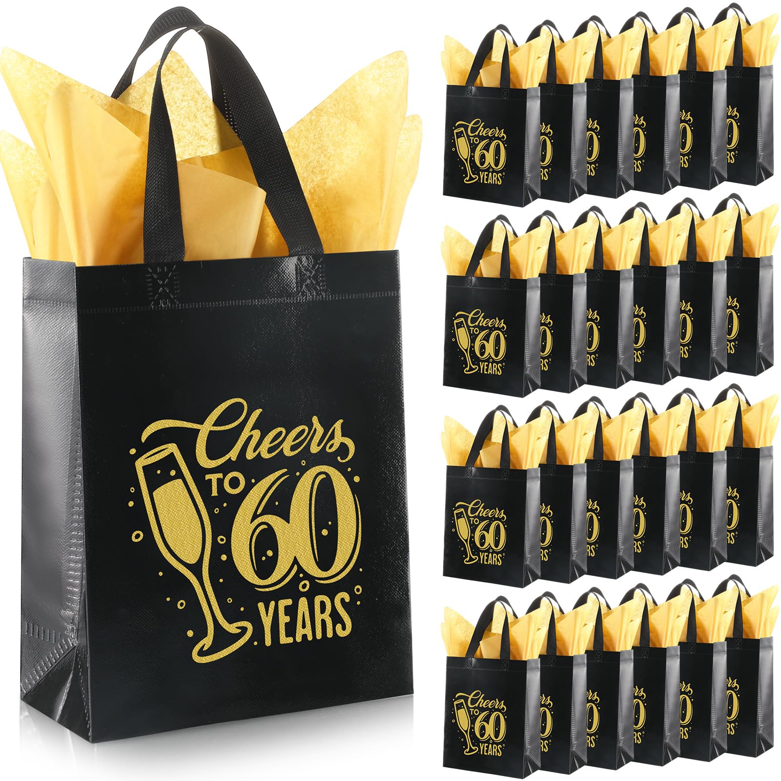 Sweetude 25 Pack 60th Birthday Gift Bags Cheer to 60 Birthday Party Glossy Reusable Tote Bags with Handles and Tissue Paper for Party Decorations