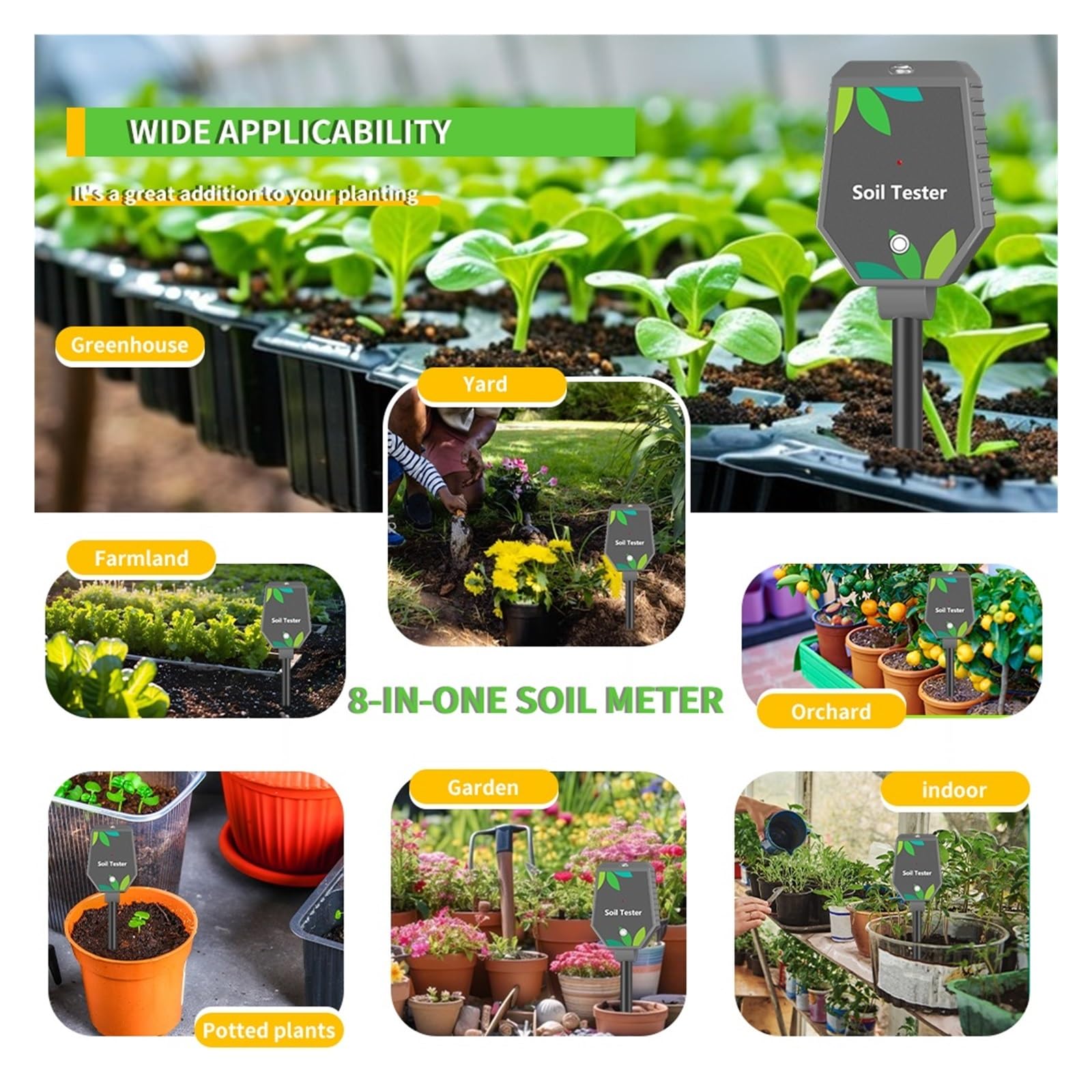 Medidor de humedad del suelo, Medidor de pH del suelo profesional, medidor de pH, CE, fertilidad, salinidad, monitor, luz inteligente, detector de humedad del aire. Para jardinería y agricultura