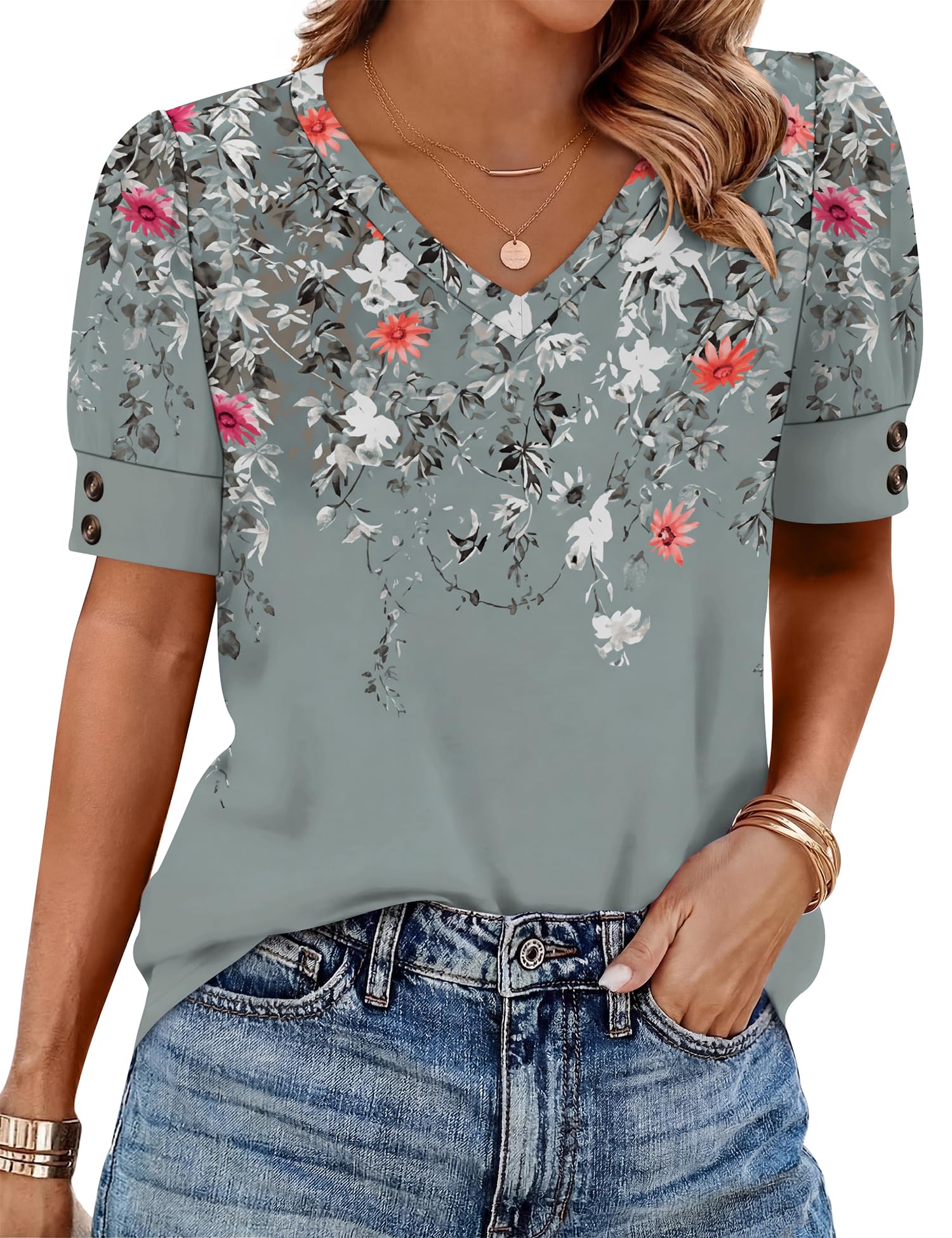 Rapbin Bluse Damen V-Ausschnitt Kurzarm Top Tunika Locker Sommer Elegant Casual Oberteile Ärmel mit Knöpfen