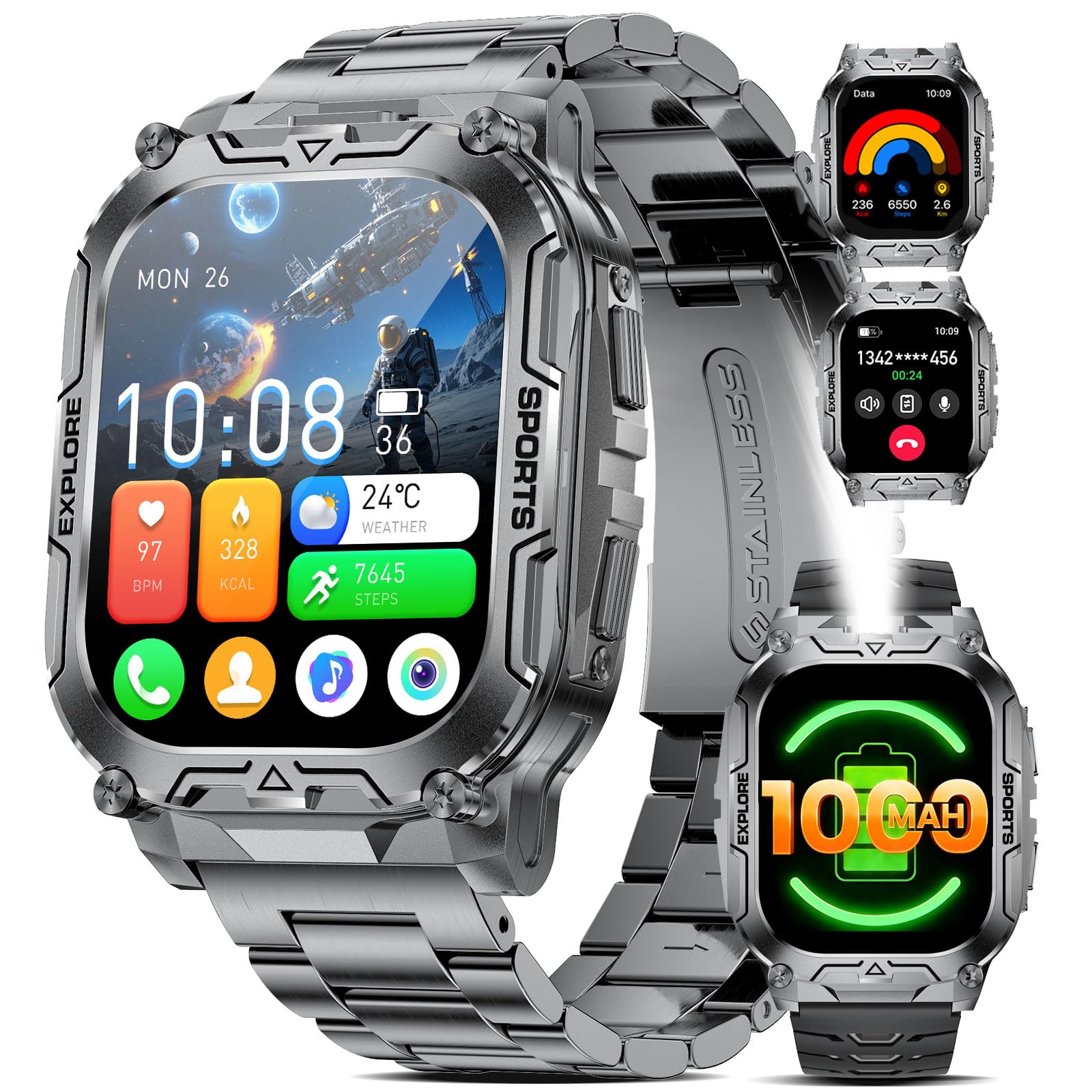 Smartwatch Herren Militär-1000mAh/2.01'' HD Große Display/LED-Licht,2 Armbändern/Fitnessuhrmit Taschenlampe/120+ Sportmodi,Fitnessuhr mit Herzfrequenz/Schlafmonitor,für Android iOS, Schwarz