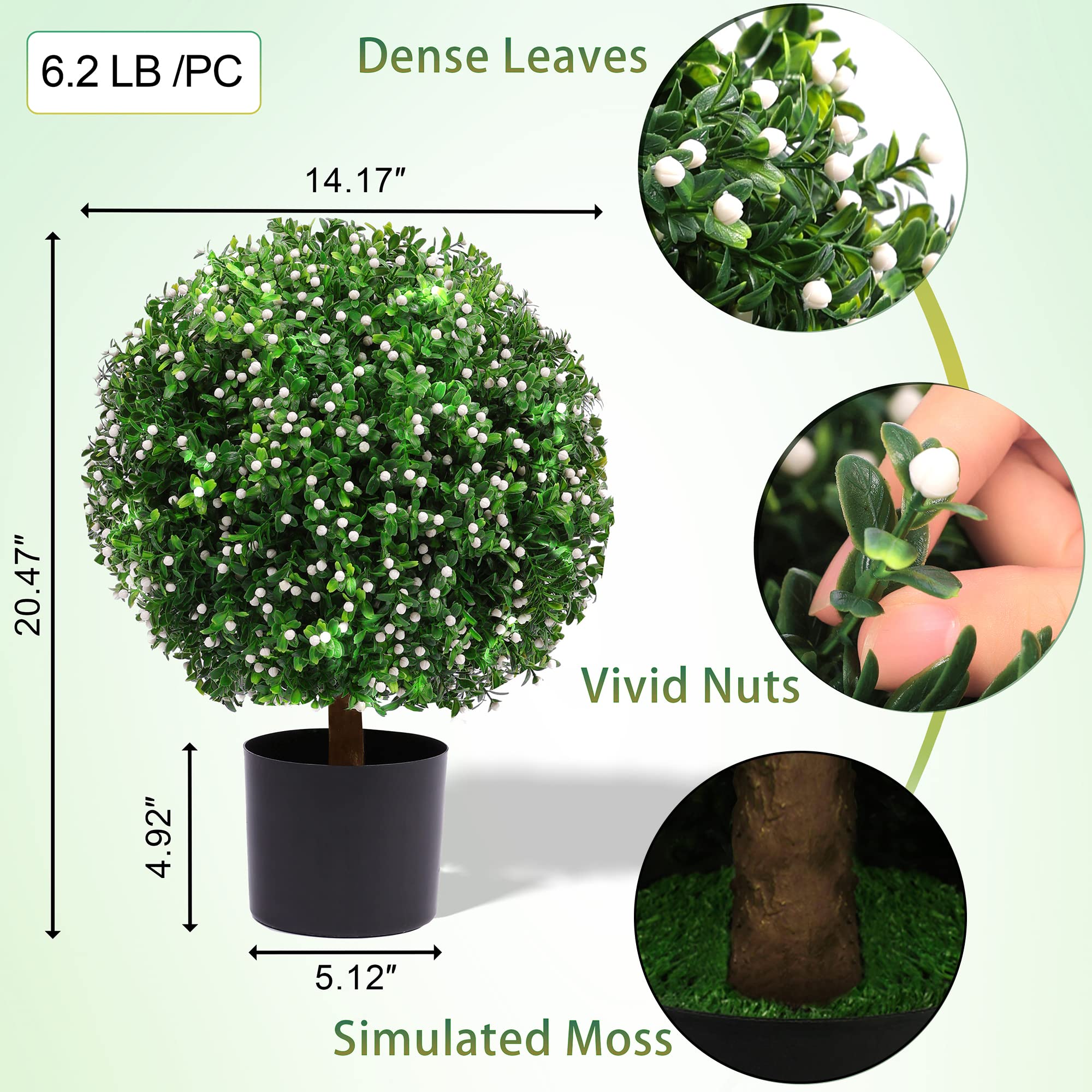 TOLEAD 20" T Artificial Boxwood Topiary Ball Tree with White Flowers Set of 2, UV Resistant Faux Potted Bushes, Artificial Plants for Indoor Outdoor Front Porch Garden Home DÃ©cor