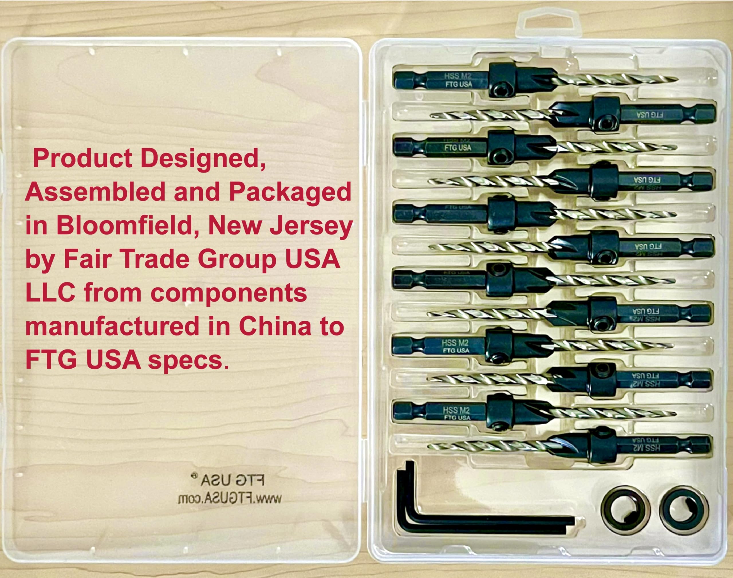 FTG USA Juego de 12 brocas avellanadas #8 (11/64 pulgadas) con cuello de tope de profundidad, llave hexagonal, brocas cónicas para madera