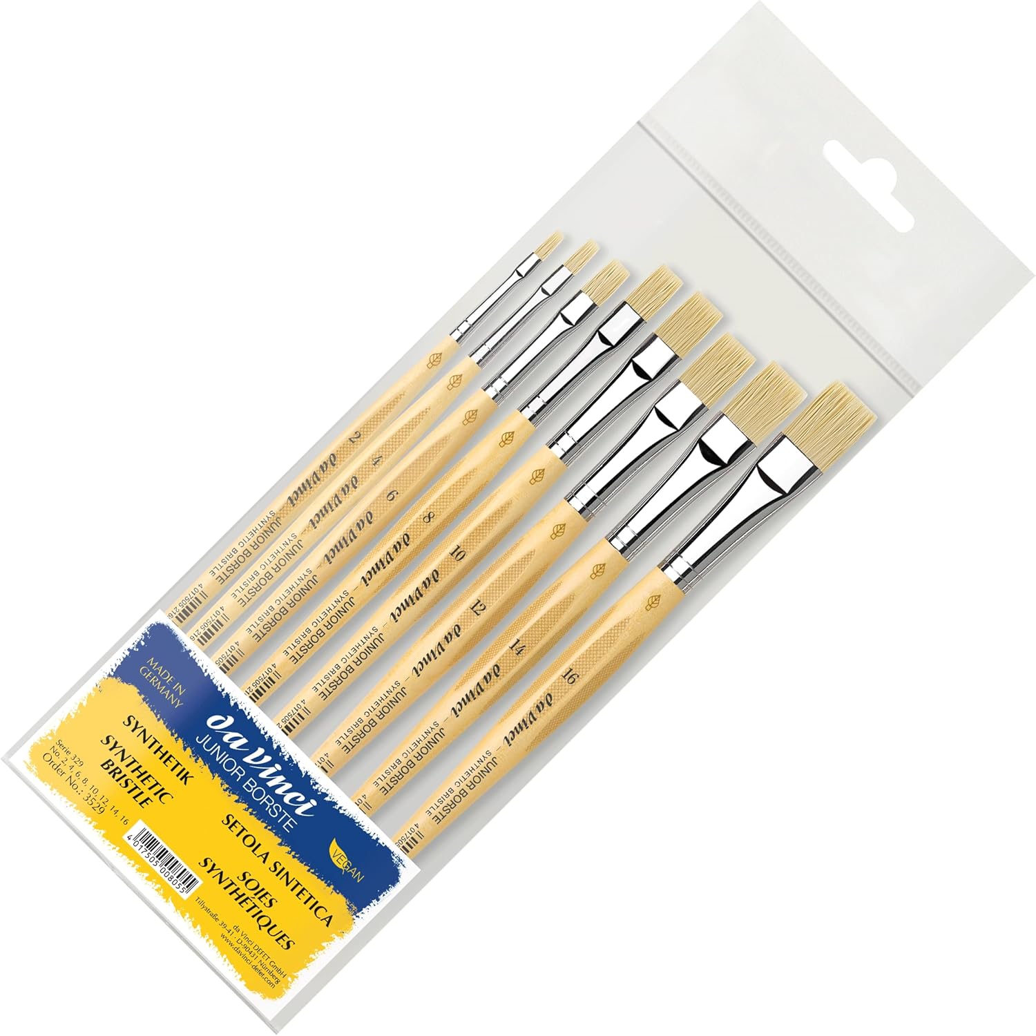 da Vinci Student Set 3529, Junior Synthetic Hog Bristle for Any Type of Paint, 8 Brush Set: Series 329 Flat - Sizes 2, 4, 6, 8, 10, 12, 14 and 16, Made in Germany